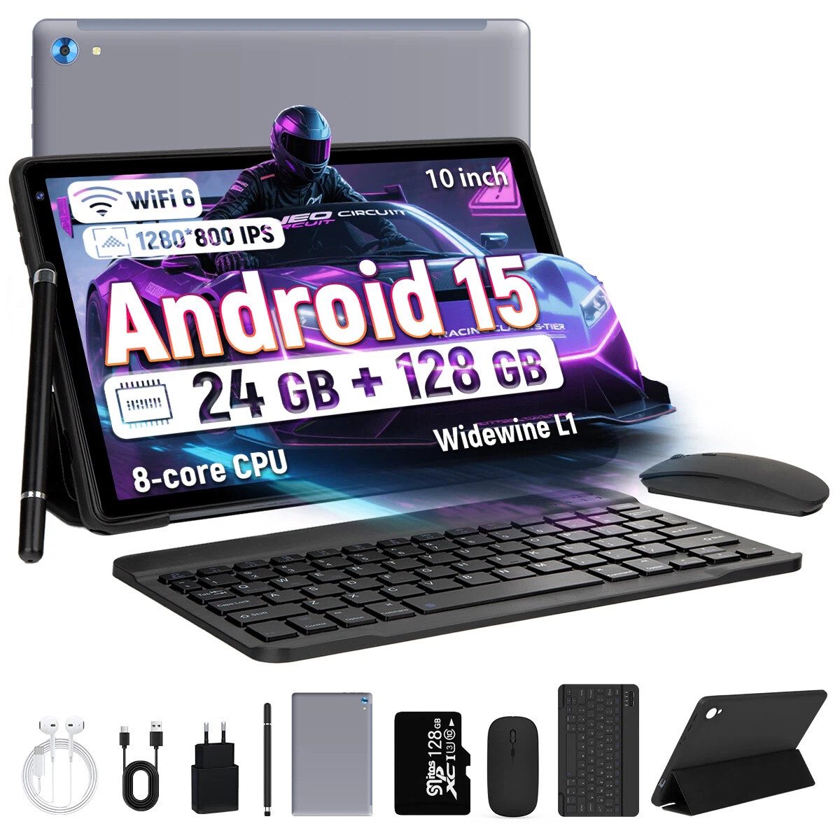 BUFO 10.1 Zoll Android 15, 24(4+20)GB+128GB, 1280x800 HD, incl. Hülle Set Tablet (10", 128 GB, Android, Octa core mit Tastatur, Stift, Maus, Hülle, Kopfhörer, WiFi 6 BT 5)