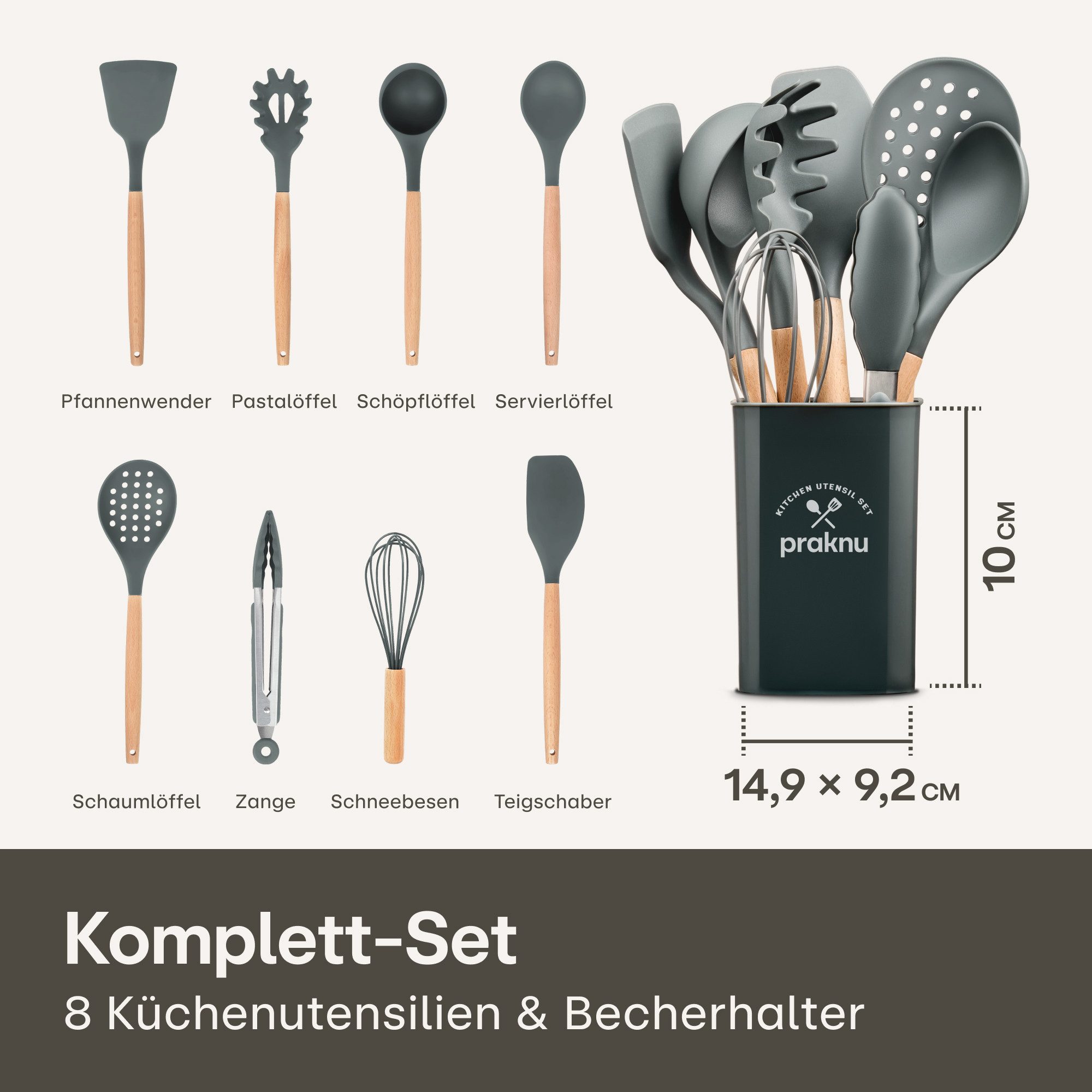 Praknu Kochbesteck-Set Silikon Küchenutensilien Set – 8 - teiliges Kochbesteck, (Set, 8-tlg), Küchen Accessoires Zubehör Haushalt Set & Halterung / Aufhängeschlaufe
