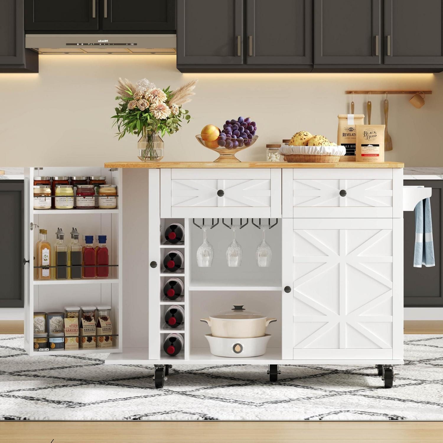 LuxusKollektion Küchenbuffet Küchenwagen Rollen Esswagen White + Natural 120 x 45(70) x 89 cm
