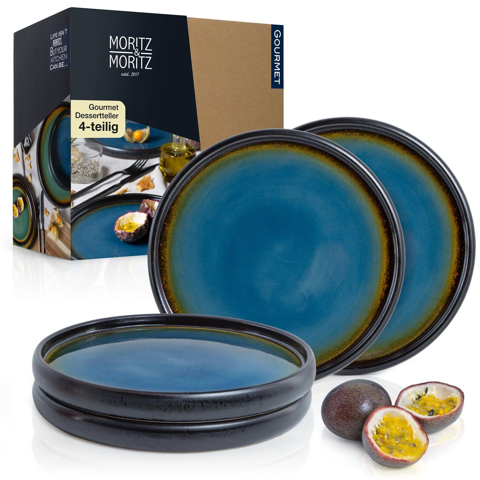 Moritz & Moritz Dessertteller Moritz & Moritz 4tlg Dessert Teller Blau-Braun Geschirr Set Reaktiv, (4 St), spülmaschinen-und mikrowellengeeignet