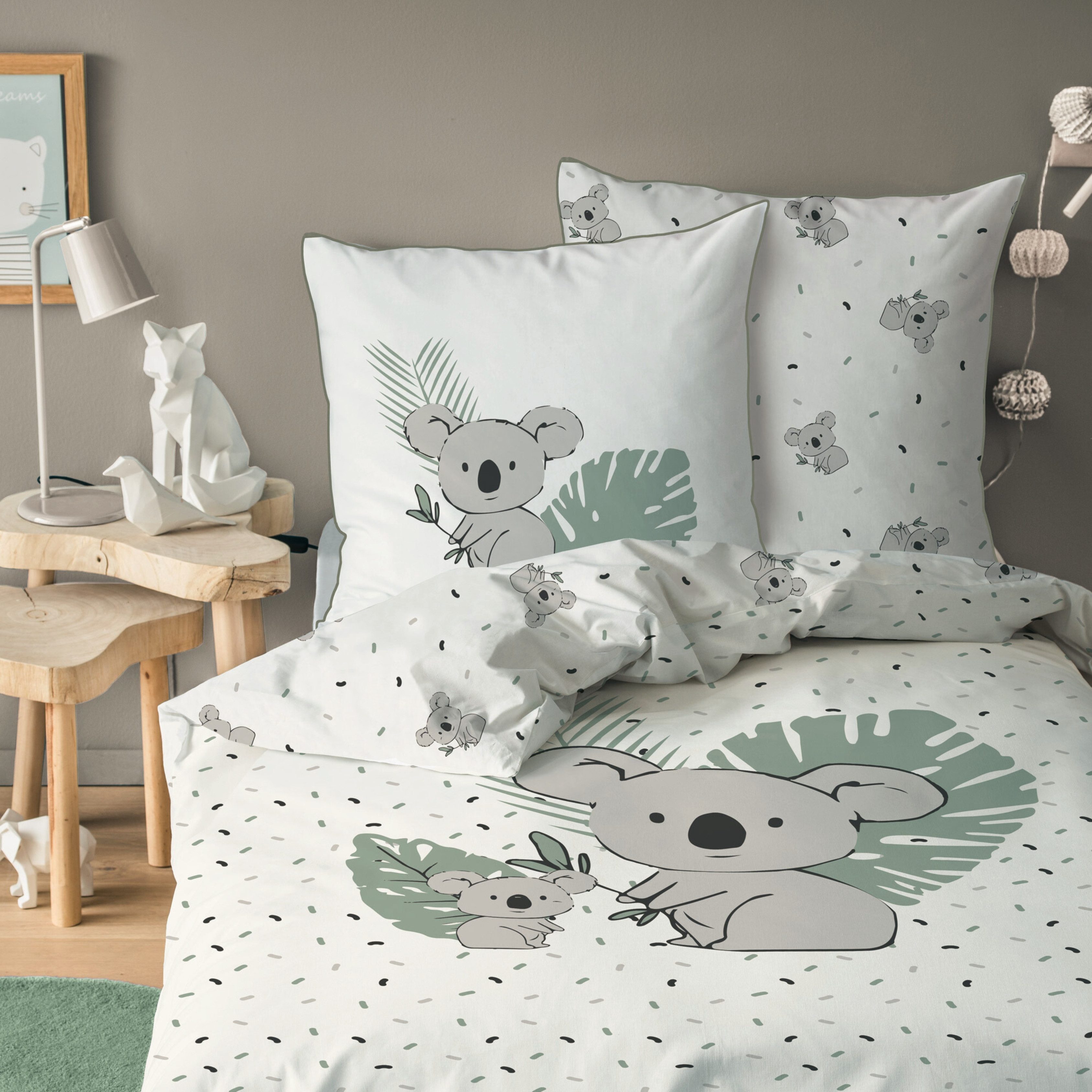 Kinderbettwäsche Koala 135x200 + 80x80 cm, 100 % Baumwolle, MTOnlinehandel, Renforcé, 2 teilig, hochwertige Bettwäsche für Mädchen und Jungen