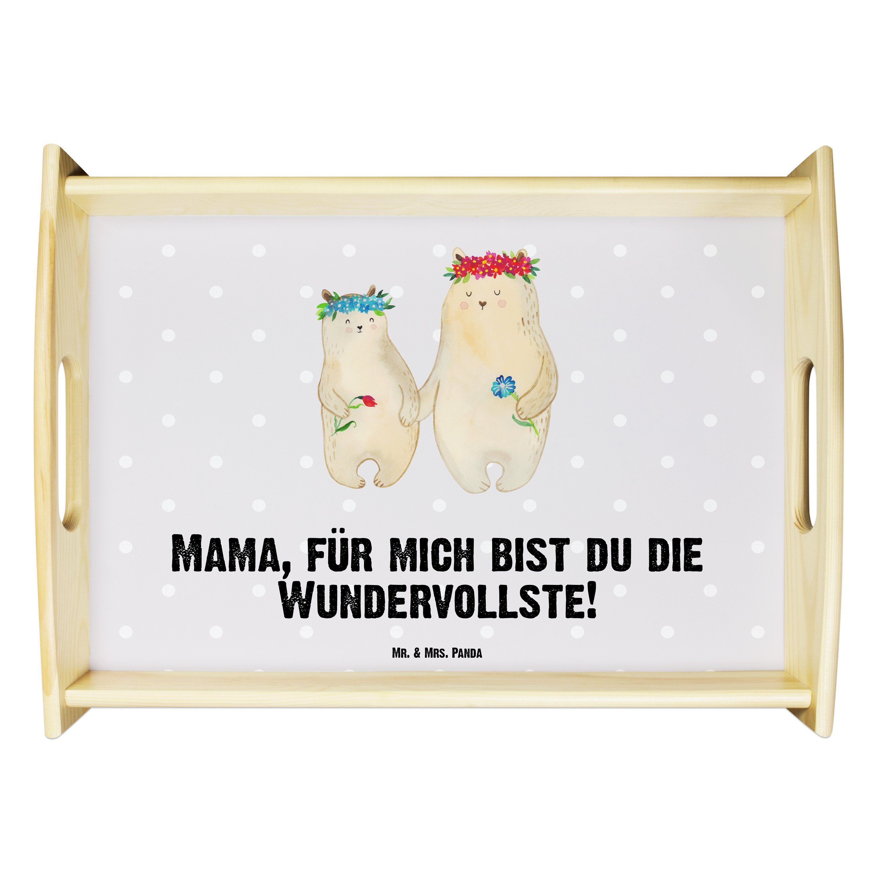 Mr. & Mrs. Panda Tablett Bären mit Blumenkranz - Grau Pastell - Geschenk, Küchentablett, Famil, Echtholz lasiert, (1-tlg)