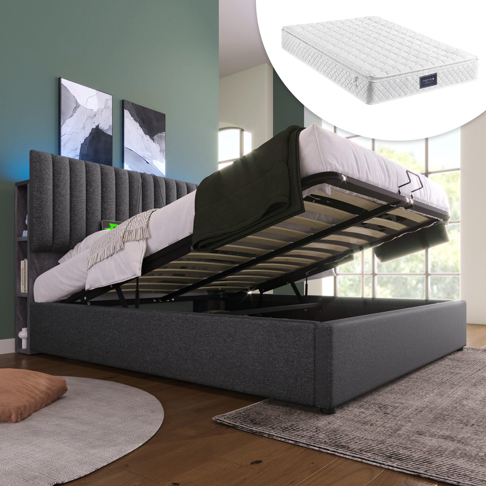 Polsterbett (Stauraumbett, Doppelbett 140x200cm mit Lattenrost und LED-Beleuchtung), mit Ladefunktion und Stauraumfächer, Verstellbares Kopfteil, Leinen