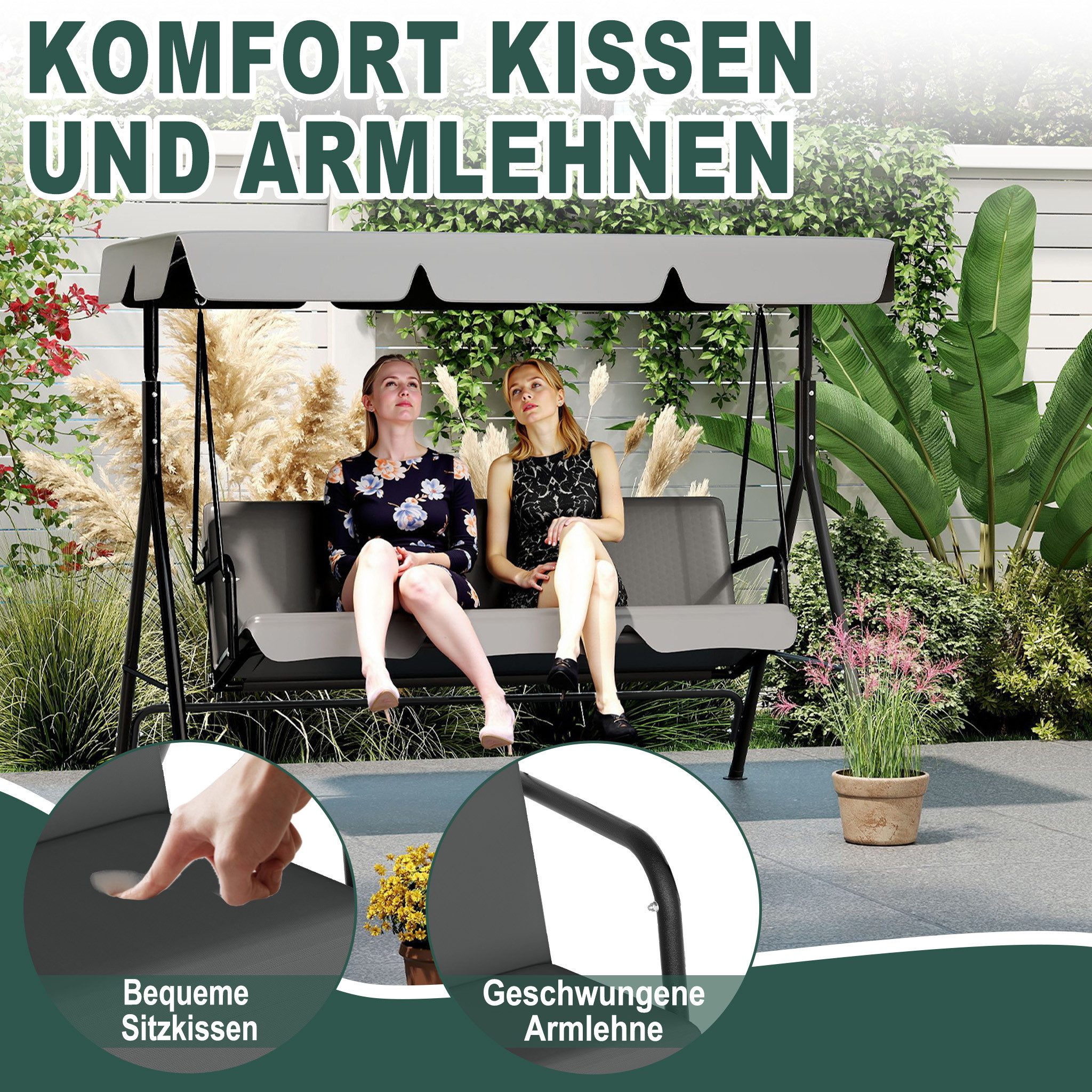 FIVMEN Hollywoodschaukel Gartenschaukel 3-Sitzer mit Verstellbarem Sonnendach weichem Kissen, 176x110x152cm, Metall Hängeschaukel mit Verstellbarem Sonnendach L – Bild 5 von 5