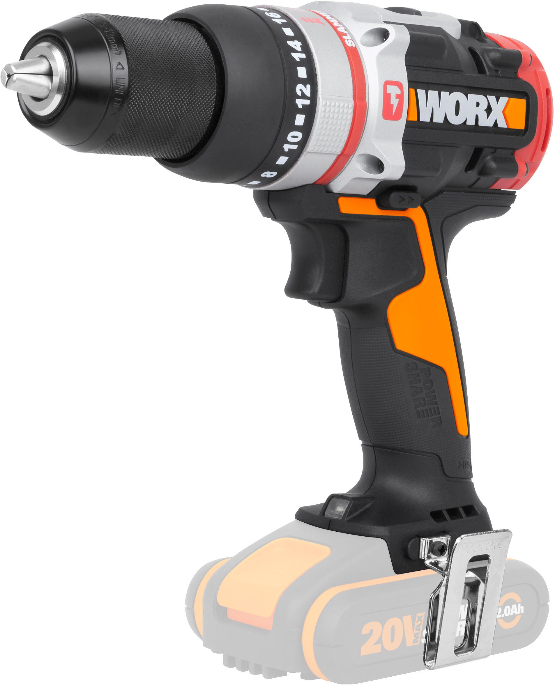 Worx Akku-Schlagbohrmaschine WX354.9, max. 2000 U/min, bürstenloser Motor, 18+1+1 Drehmoment, 60Nm, ohne Akku & Ladegerät