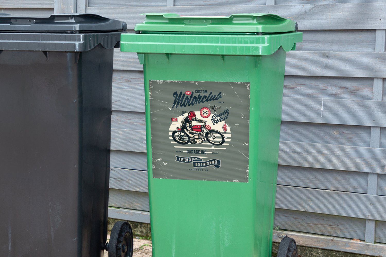 Mülltonne, St), Container, Helm Mülleimer-aufkleber, - Sticker, MuchoWow Vintage Wandsticker Motorrad - (1 Abfalbehälter