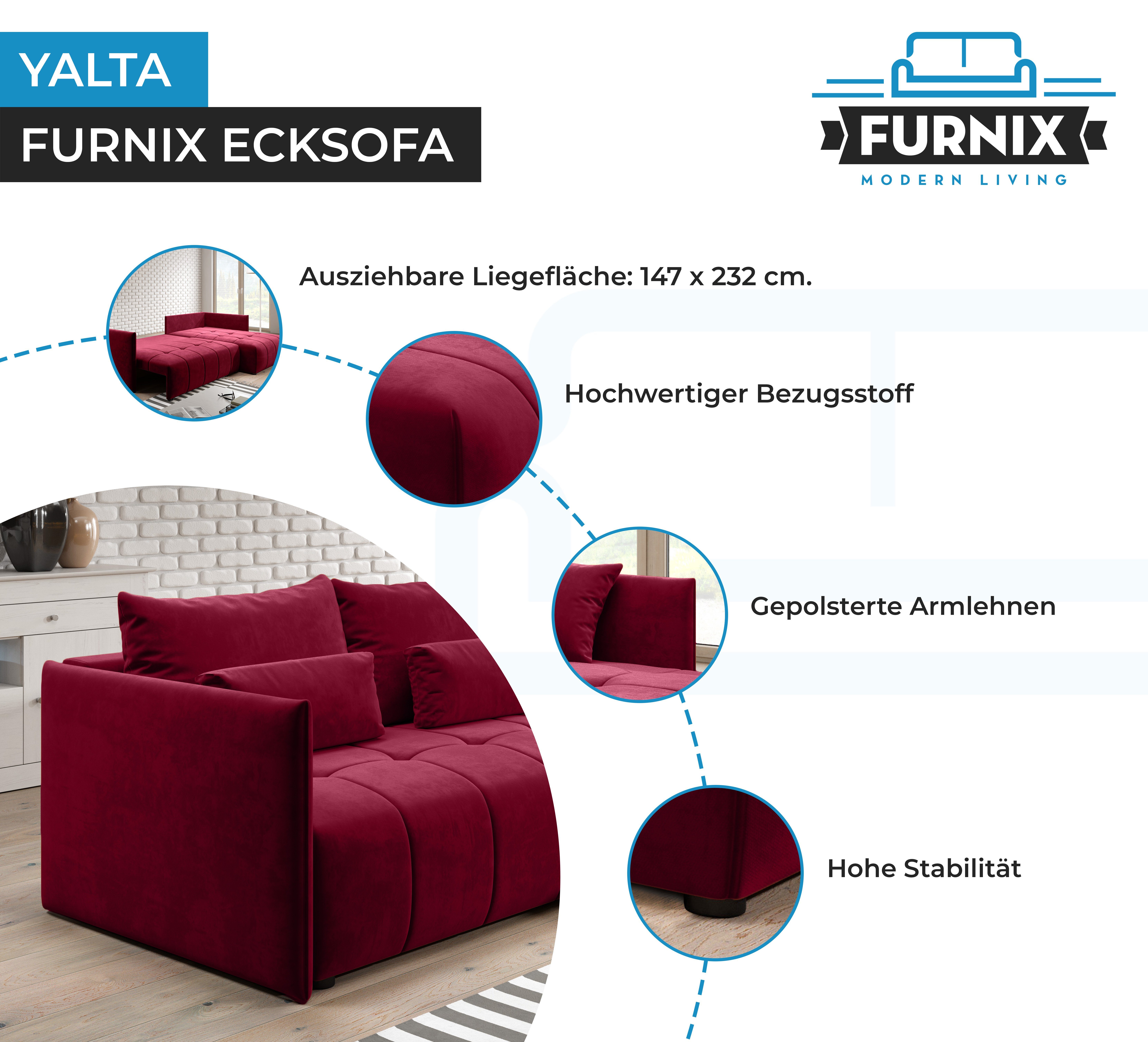 YALTA Rot Europe Bettkasten Kissen, Schlafsofa Furnix Made MH und in Couch ausziehbar 59 Ecksofa mit