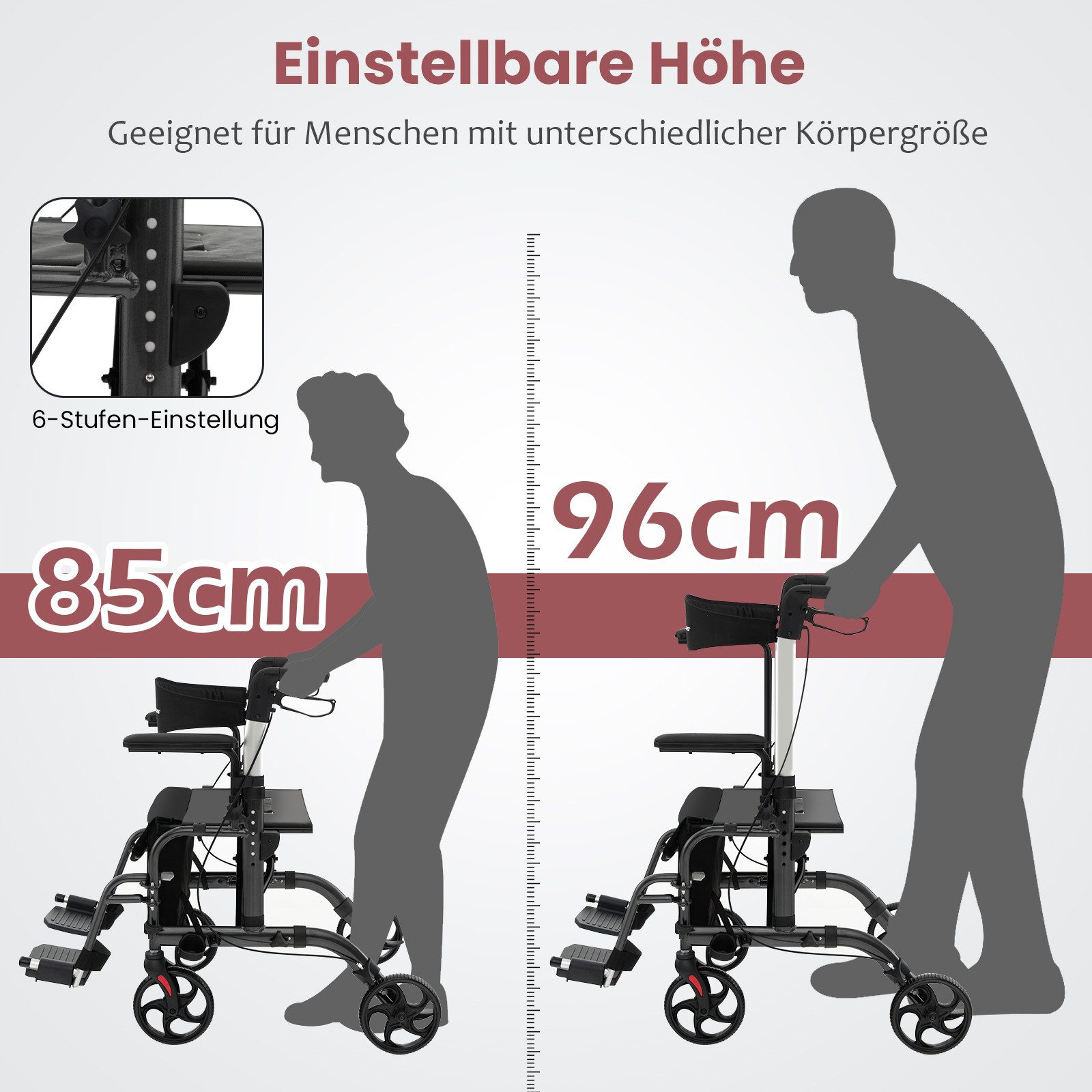 COSTWAY Rollator, Faltbar und leicht mit Sitz, 6-fach höhenverstellbar