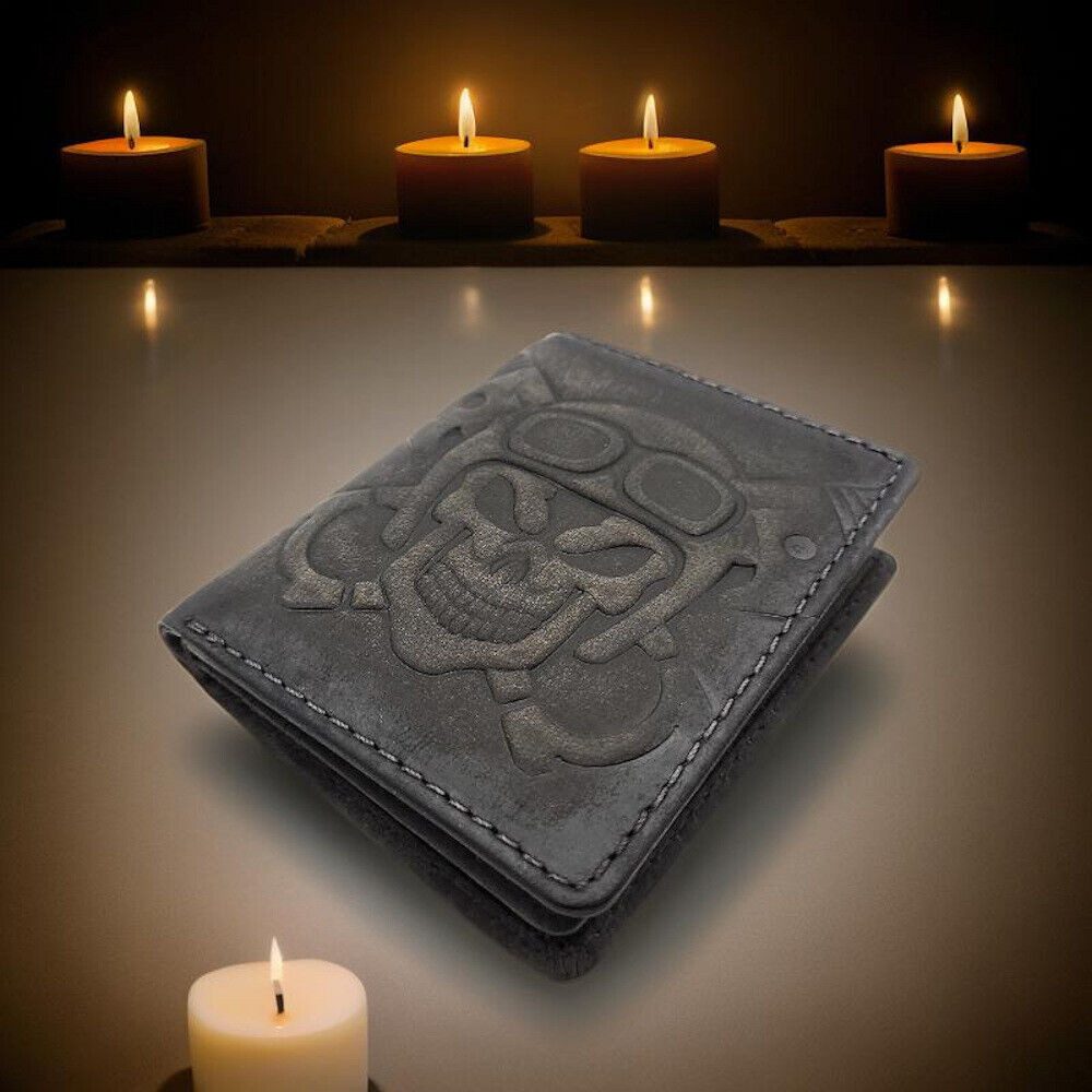 JOCKEY CLUB Mini Geldbörse kleines echt Leder Portemonnaie, Geldbeutel mit RFID Schutz "Skull", 3D geprägter Totenkopf, vintage grey