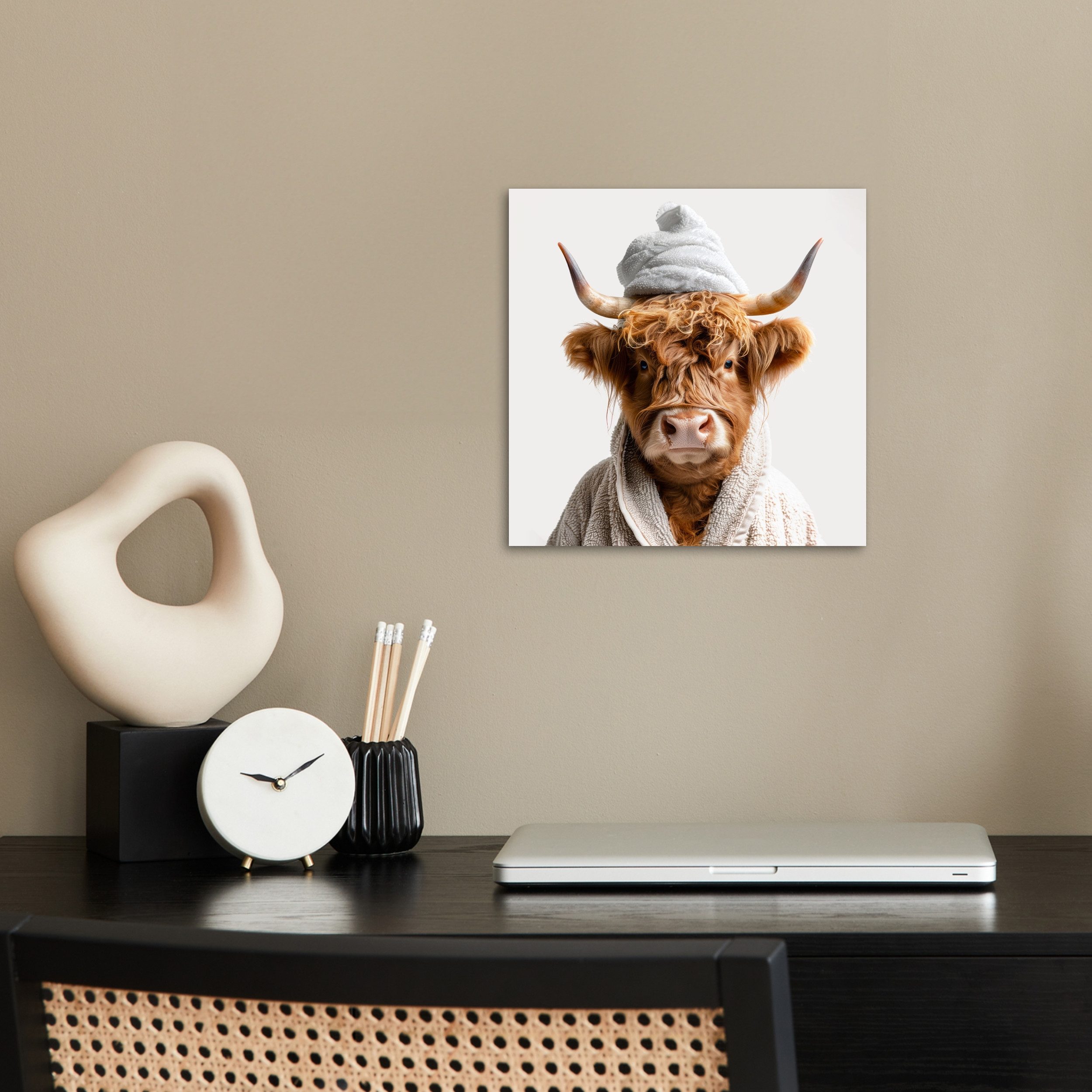 MuchoWow Poster Schottischer Highlander - Bademantel - Kuh - Tiere, (1 St), Poster ohne Rahmen, Wandbild, Wandposter, 30x30 cm