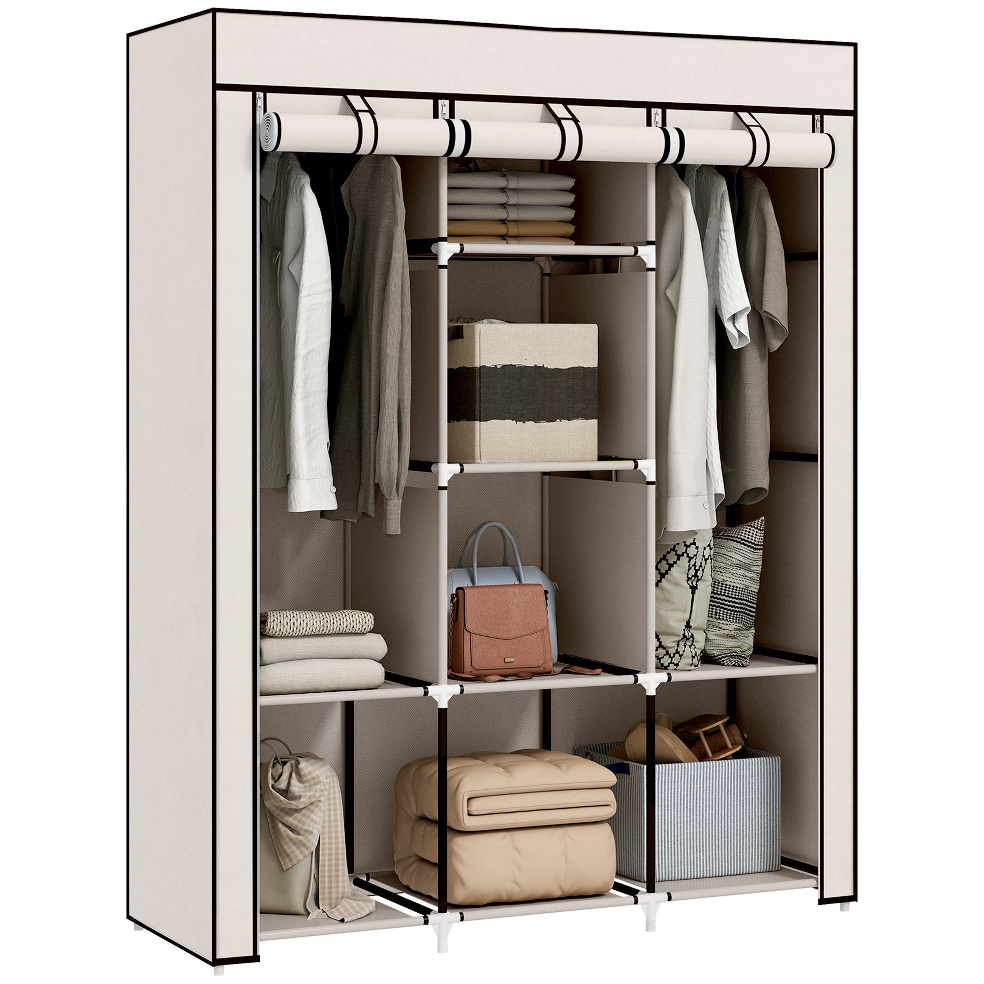 HOMCOM Stoffschrank Kleiderschrank mit Kleiderstangen, 8 Ebenen (Faltschrank, 1-St., Faltbare Garderobe für Schlafzimmer) Vliesstoff, Cremeweiß, 125 x 43 x 162,5 cm
