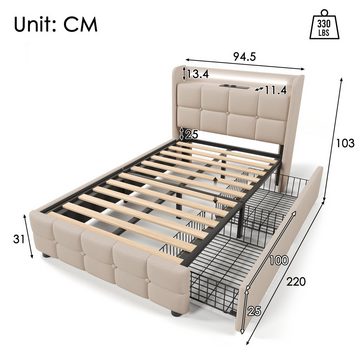 Flieks Polsterbett, LED-Beleuchtung Einzelbett 90x200cm mit Ladefunktion und 2 Schubladen