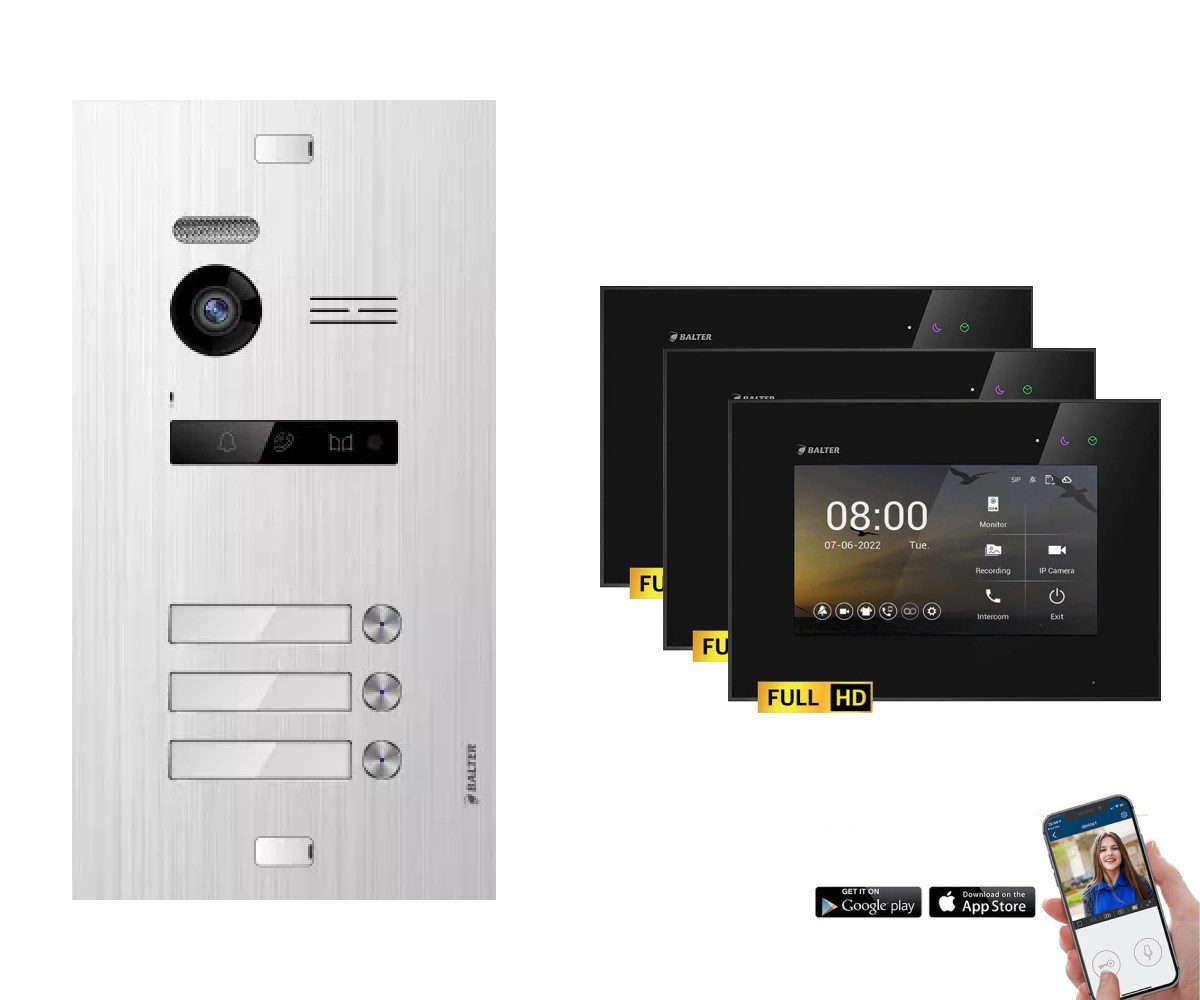 Balter Video-Türsprechanlage BALTER HD WLAN Video Gegensprechanlage 3-Familienhaus Silber Schwarz (Set, 3-Familienhaus, Komplettset, Full HD 175° Kamera, App-Steuerung)