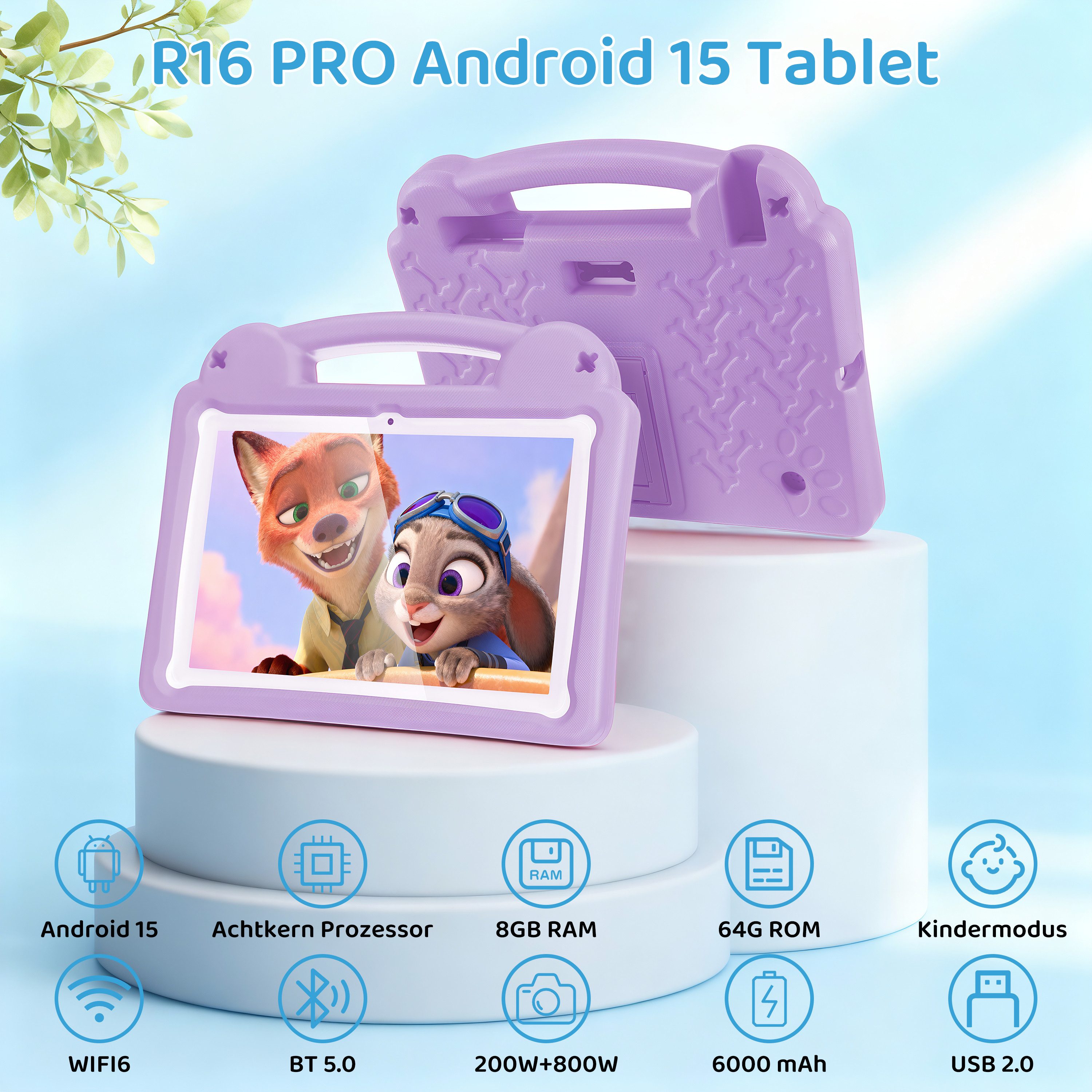 LETGOSPT Kinder Lern-Tablet 10.1'' Android 15, 64 GB 1280x800 IPS HD Octa Core Tablet (10.1", 64 GB, Android 15, 2.4G+5G WIFI6, 6000mAh mit WiFi 6 Bluetooth 5.0 GMS mit Sticker und computertasche)