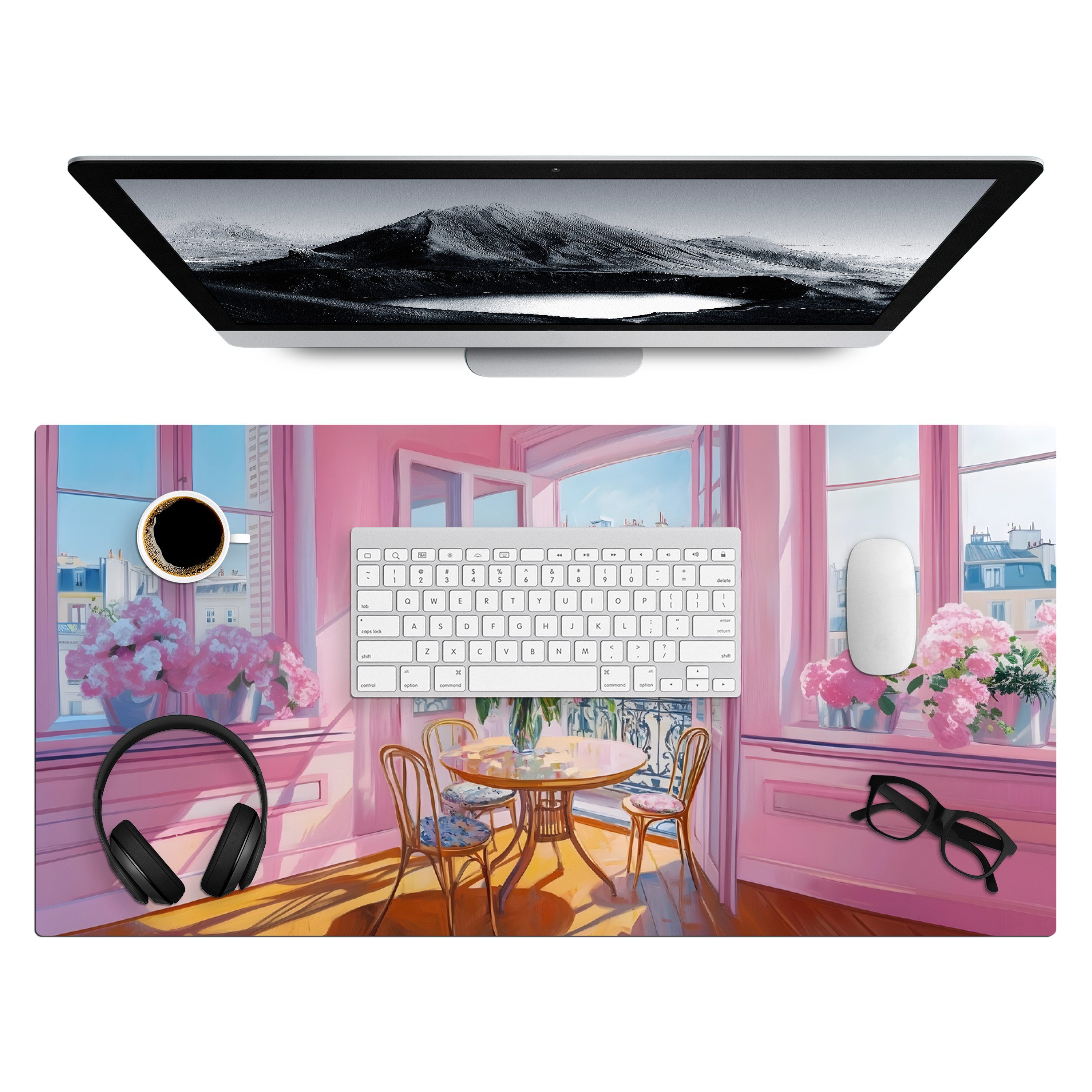 MuchoWow Gaming Mauspad Rosa - Stadt - Blumen (1-St), Gaming Mauspad XXL, Schreibtischunterlage, Desk Mat Groß, 80x40 cm