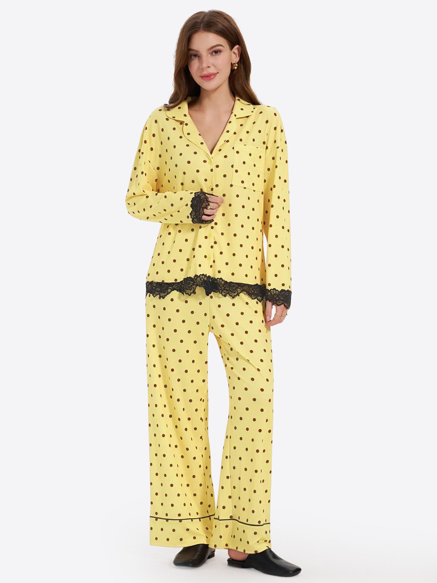Imily Bela Hausanzug Damen Pyjama-Set mit Punktmuster (Set, 2 tlg., Langärmeliger Bluse und Weiter Hose) mit Spitzendetails