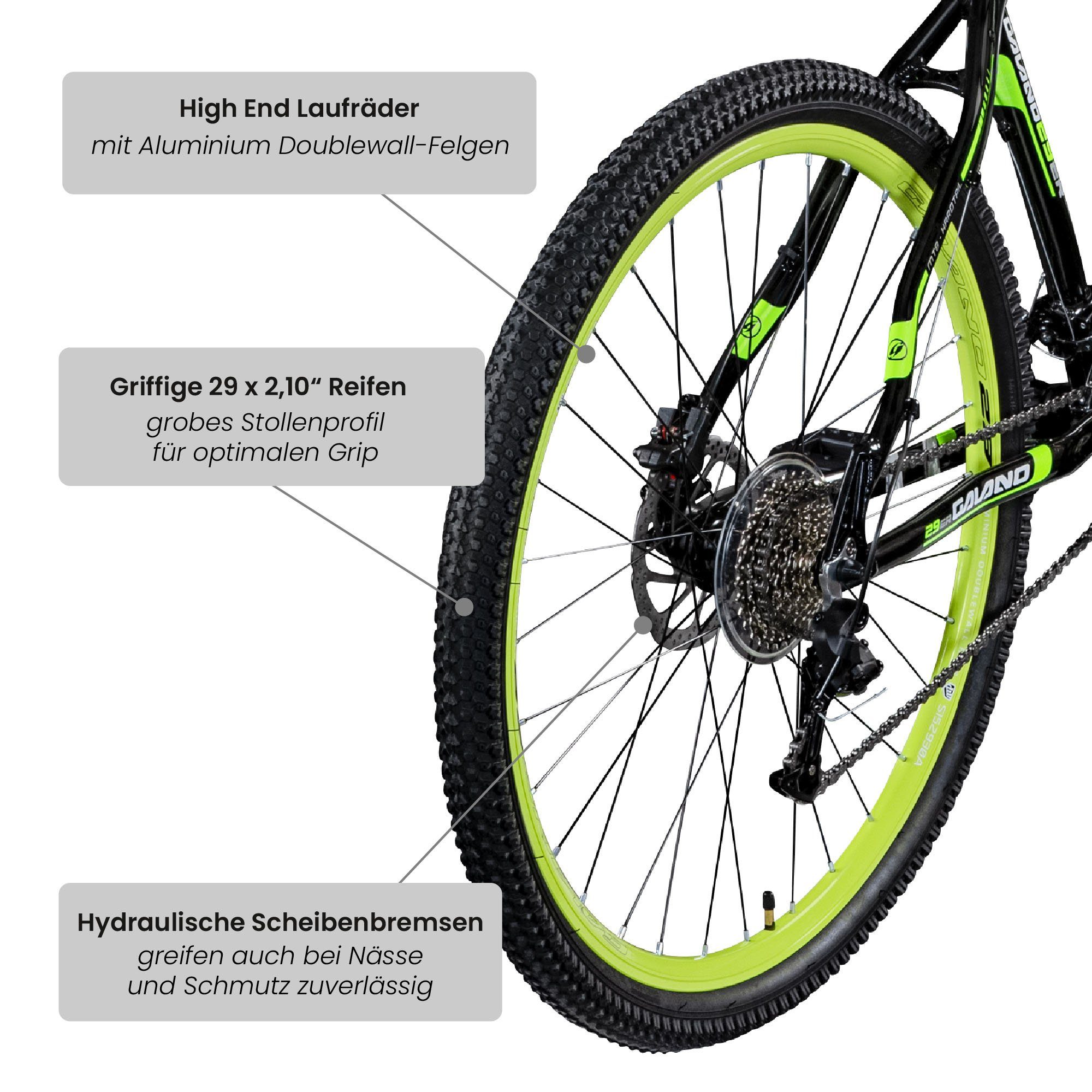 Galano Mountainbike Infinity, - schwarz/grün für Mountainbike Zoll 24 Kettenschaltung, MTB 190 Hardtail cm 175 Herren und Damen 29 Gang