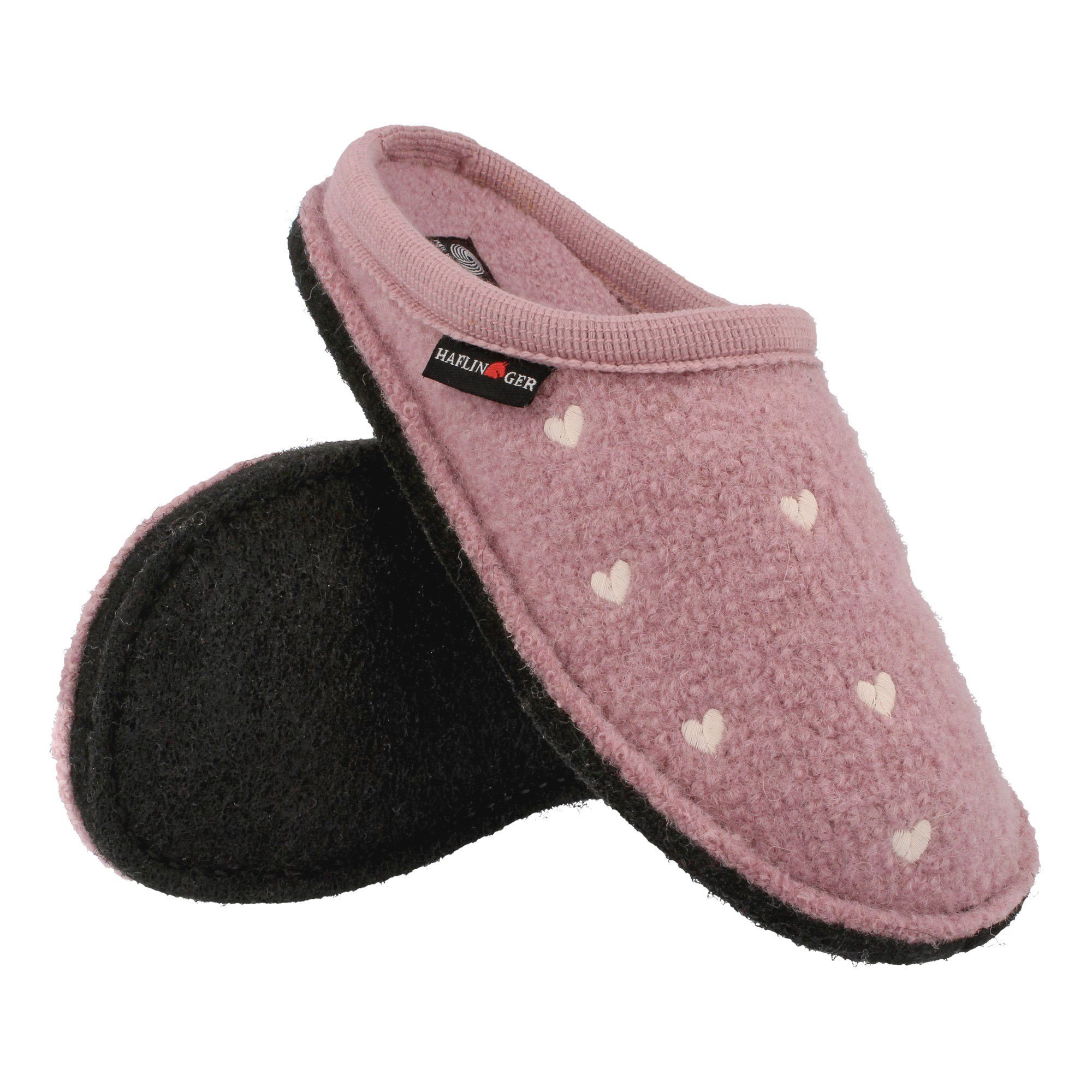 Haflinger Flair Valentine Pantoffeln aus gewalkter Wolle Herzmotiv Unisex Hausschuh