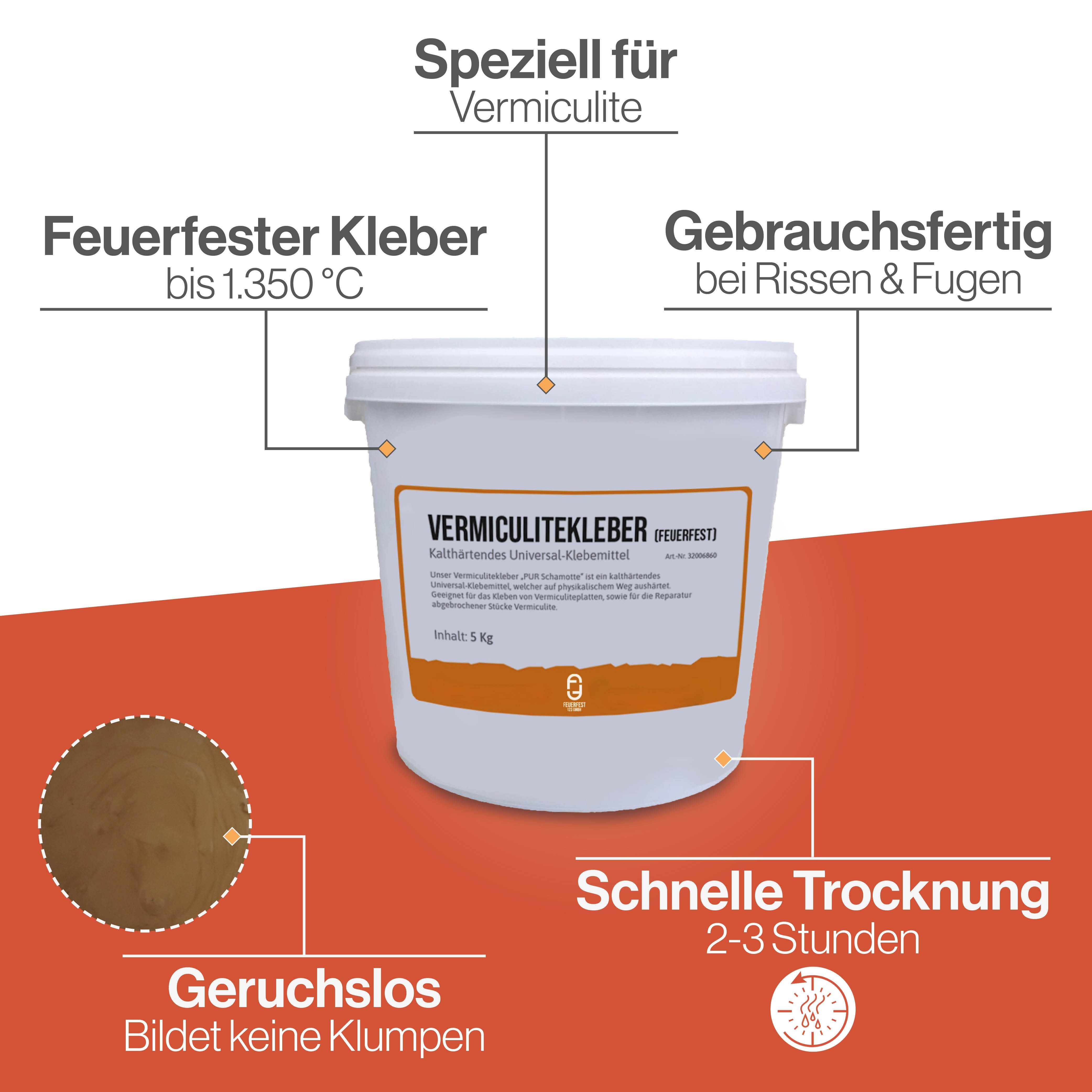 Feuerfest 123 GmbH Mörtel Vermiculite Kleber - feuerfester Kleber, (hitzebeständig bis 1.350 °C, physikalische Trocknung), zum Kleben und Reparieren von Vermiculite