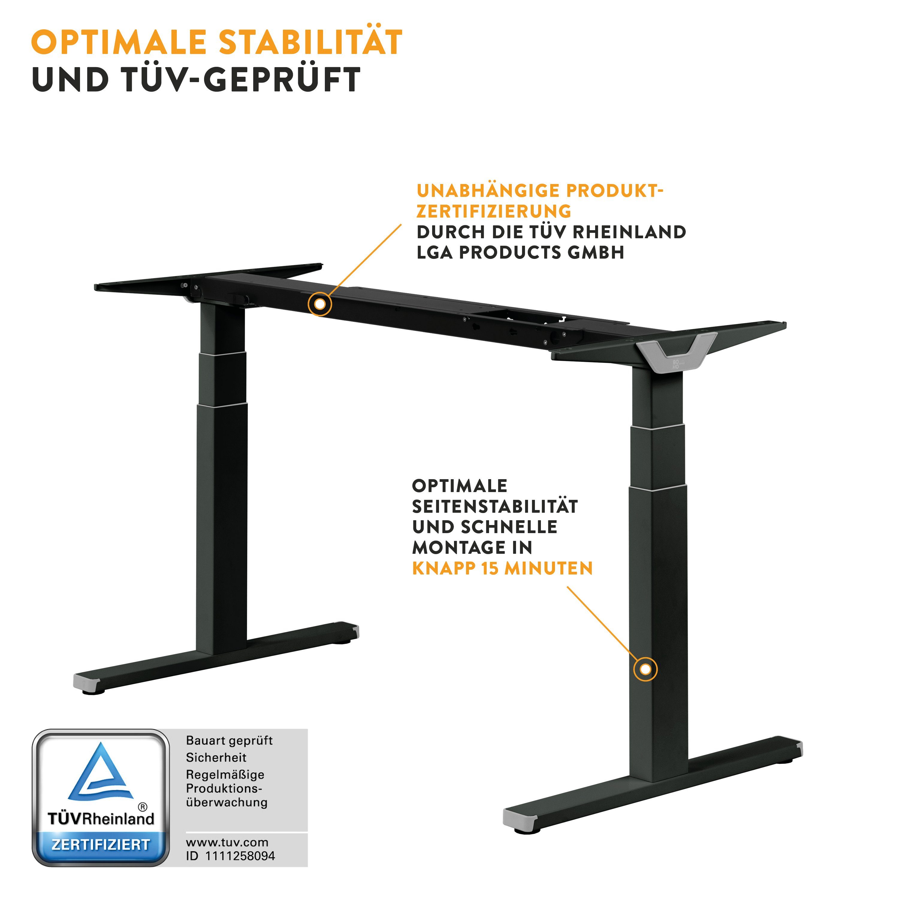 boho office® Schreibtisch Premium Line, elektrisch stufenlos höhenverstellbar in Spacegrau - Made in Germany -