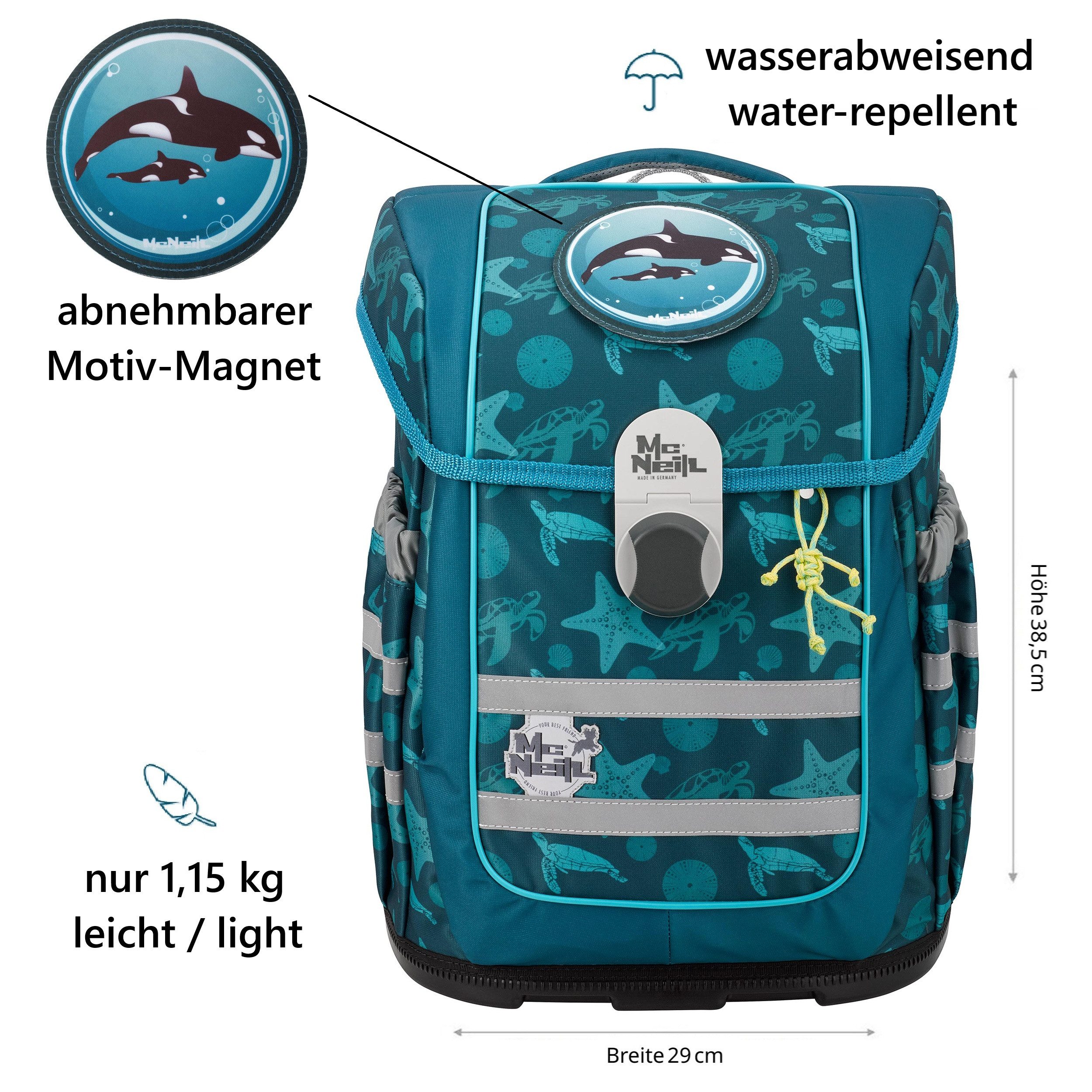 McNeill Schulranzen McOcean SEALIFE Schultasche 1. bis 4. Klasse (Set, 6-tlg., inkl. Federmäppchen gefüllt und Regen-/Sicherheitshülle), Schultasche 1. Klasse für Jungen und Mädchen; Meeres-Tiere Wal
