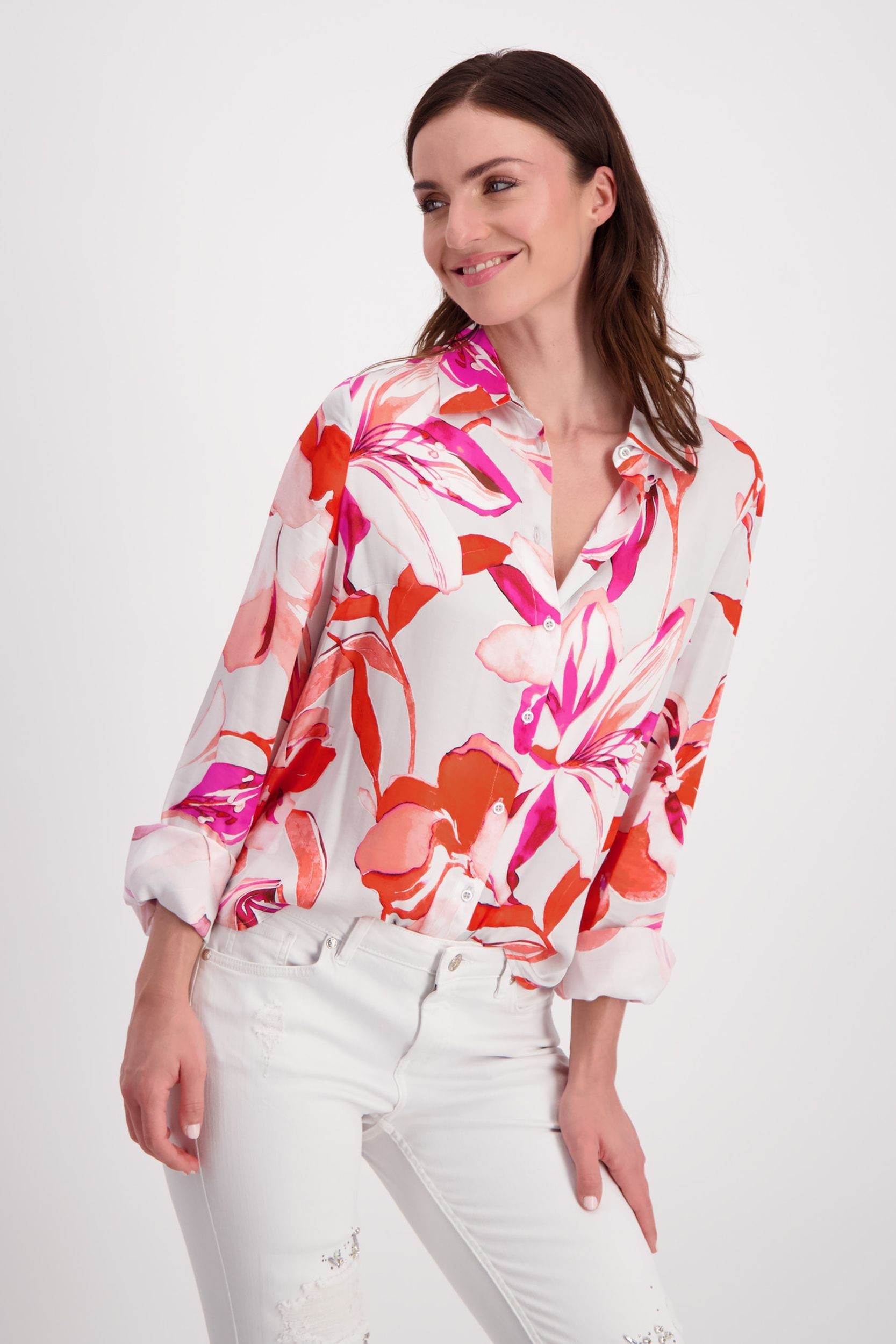 Monari Druckbluse Bluse, bright coral gemustert