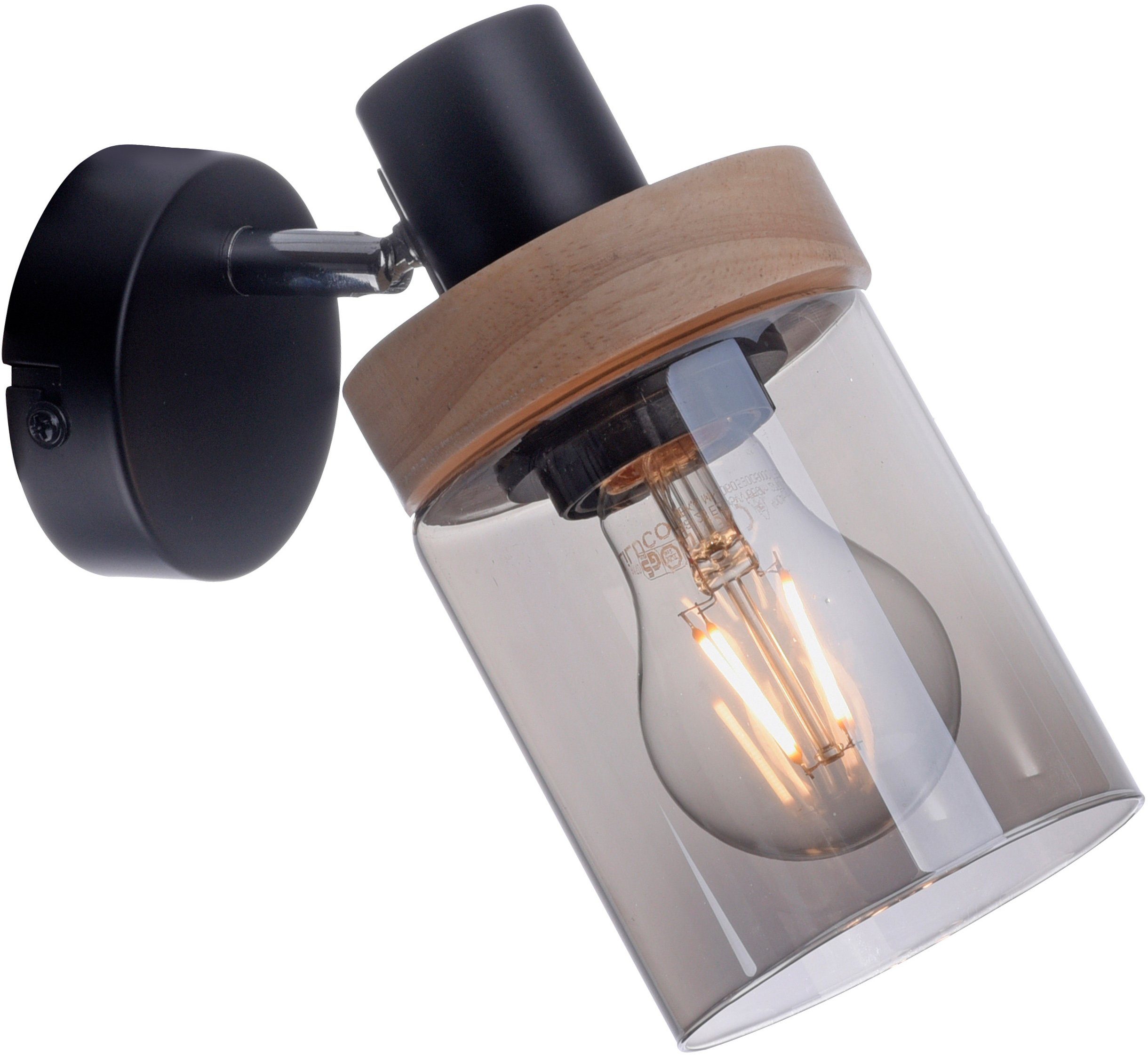 Echter Versandhandel Home affaire Wandleuchte Tendon, Holz, - Glas, Rauchglas, E27 geeignet für Wandlampe, ohne Leuchtmittel Leuchtmittel