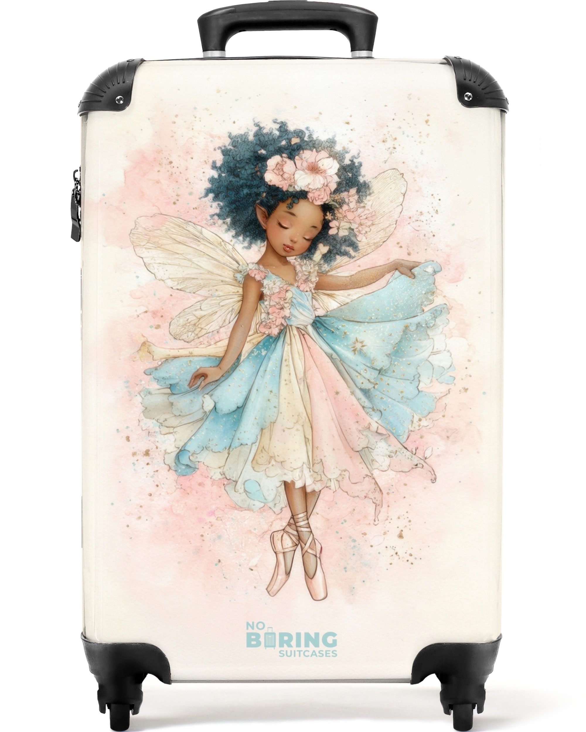 NoBoringSuitcases.com© Kinderkoffer Elfe im pastellfarbenen Kleid und mit Flügeln 55x35x20cm, Kinder Koffer Klein, Trolley Handgepäck, Reisekoffer