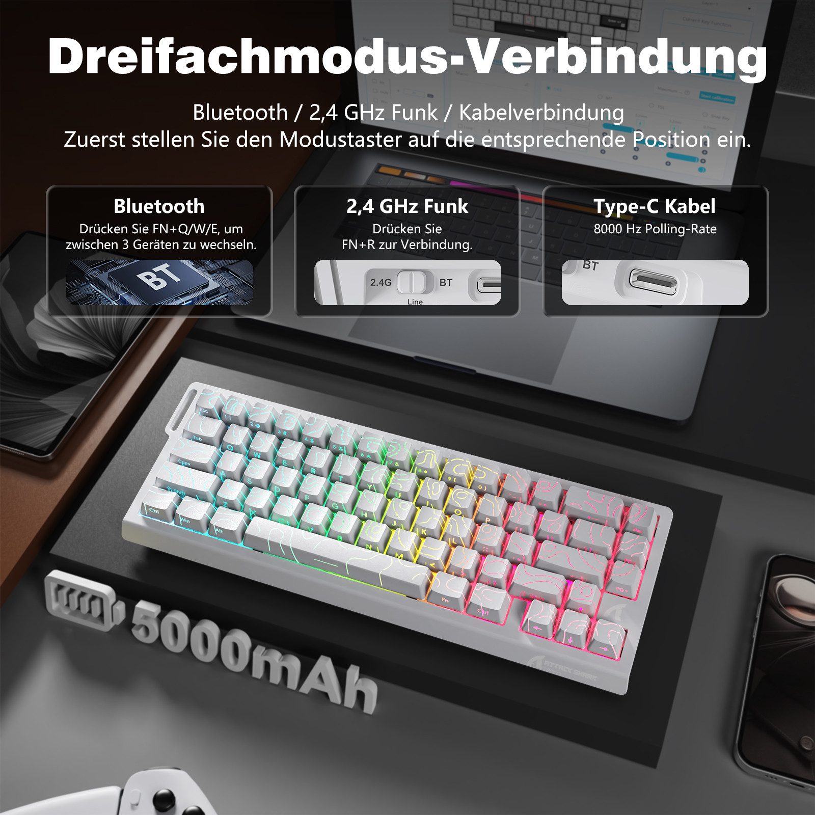 ATTACK SHARK X68PRO HE 8KHz Rapid Trigger Wireless Gaming-Tastatur,0,01mm RT Gaming-Tastatur (Hall-Effekt-Magnetschalter,BT/2.4G/Kabel,RGB)