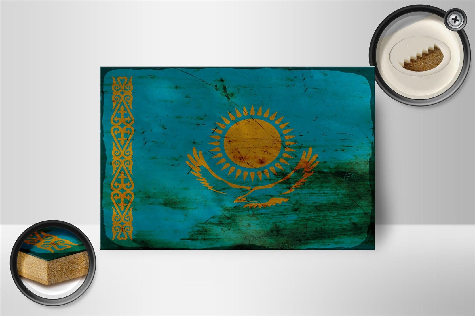 Femer GmbH Holzbild Flagge Kasachstan 18x12 cm Kazakhstan Rost, Flaggen (1 St), Glatte Holzfaserplatte (MDF), vorn beschichtet