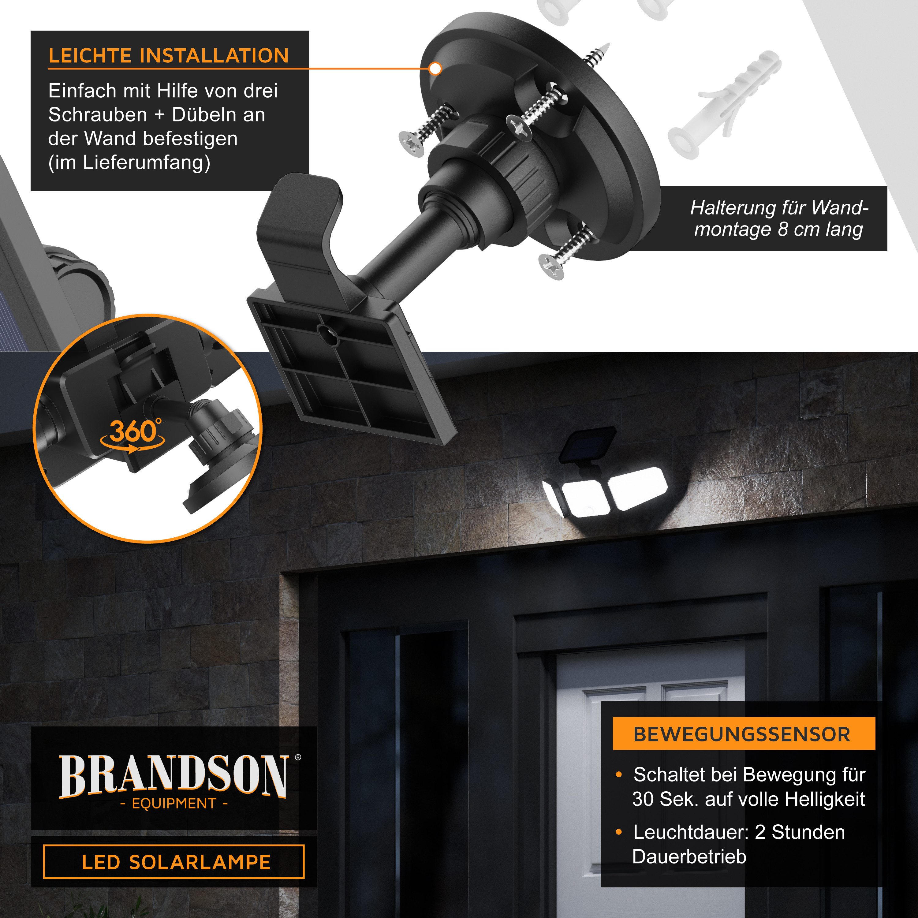 Brandson LED Solarleuchte Solar Sicherheits-/Außenlampe, 120 LEDs, PIR-Sensor, 500 Lumen, 6500K, Ein-/Ausschalter, LED fest integriert, Kaltweiß, 2400 mAh Akku, 270° Licht, dreh/schwenkbar, wetterfest, Außenstrahler