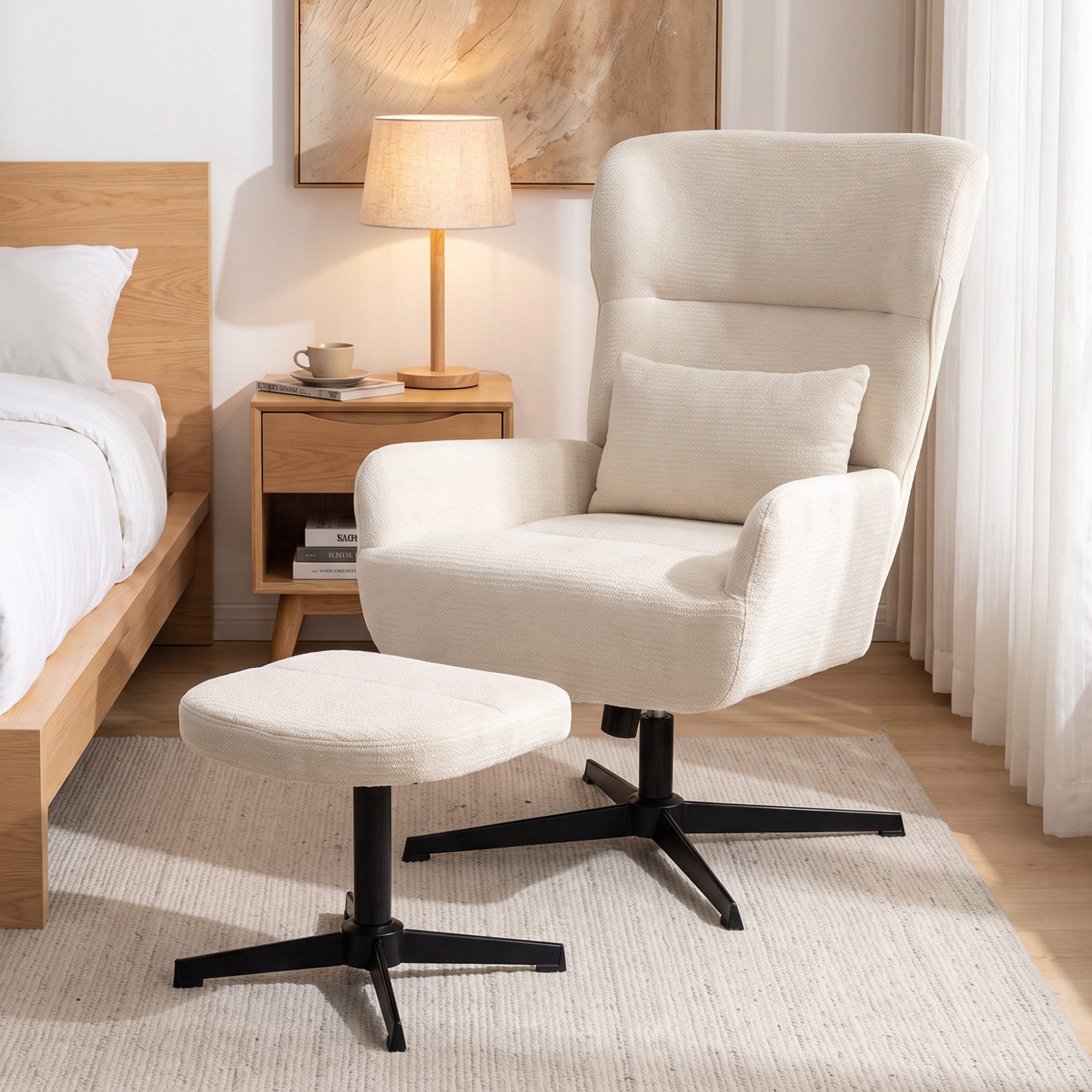 HOMCOM Relaxsessel Polstersessel mit Lendenkissen und Metallbeinen, Chenille-Optik (Set, 1-St., bestehend aus Sessel und Hocker), 360° drehbar, höhenverstellbar, inkl. Hocker
