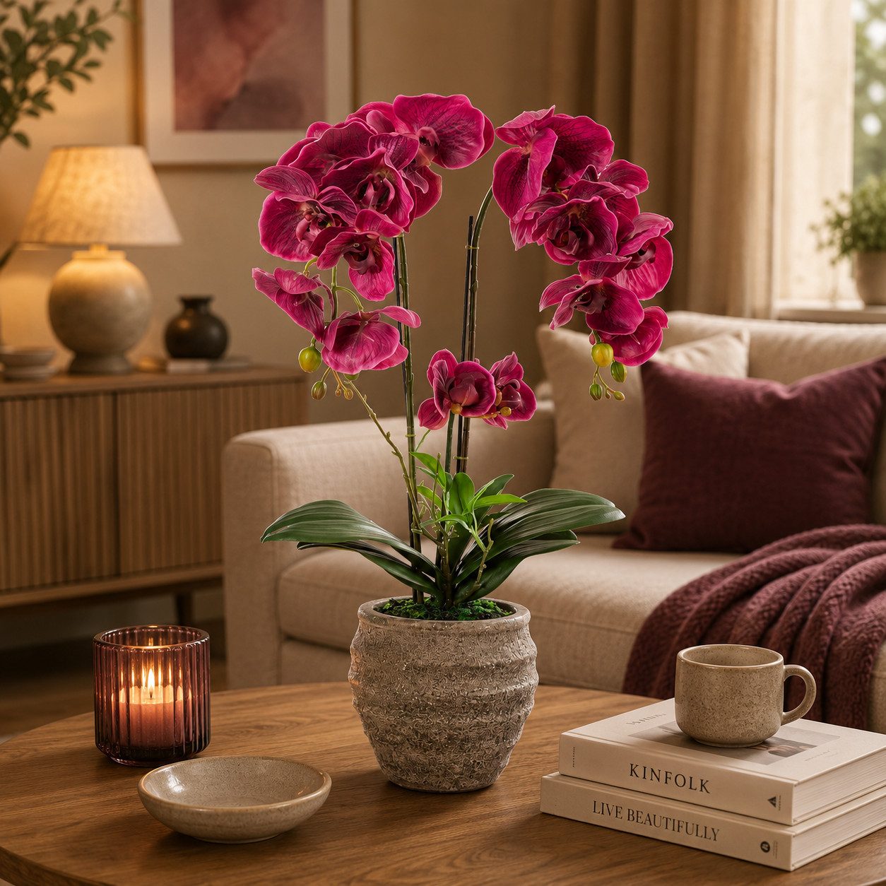 Kunstorchidee PASCH® Orchidee künstlich wie echt (60cm) in Urban Stone Töpfen Orchidee, PASCH, Real Touch Blüten, Handgefertigter Stone Cube – Bild 4 von 5