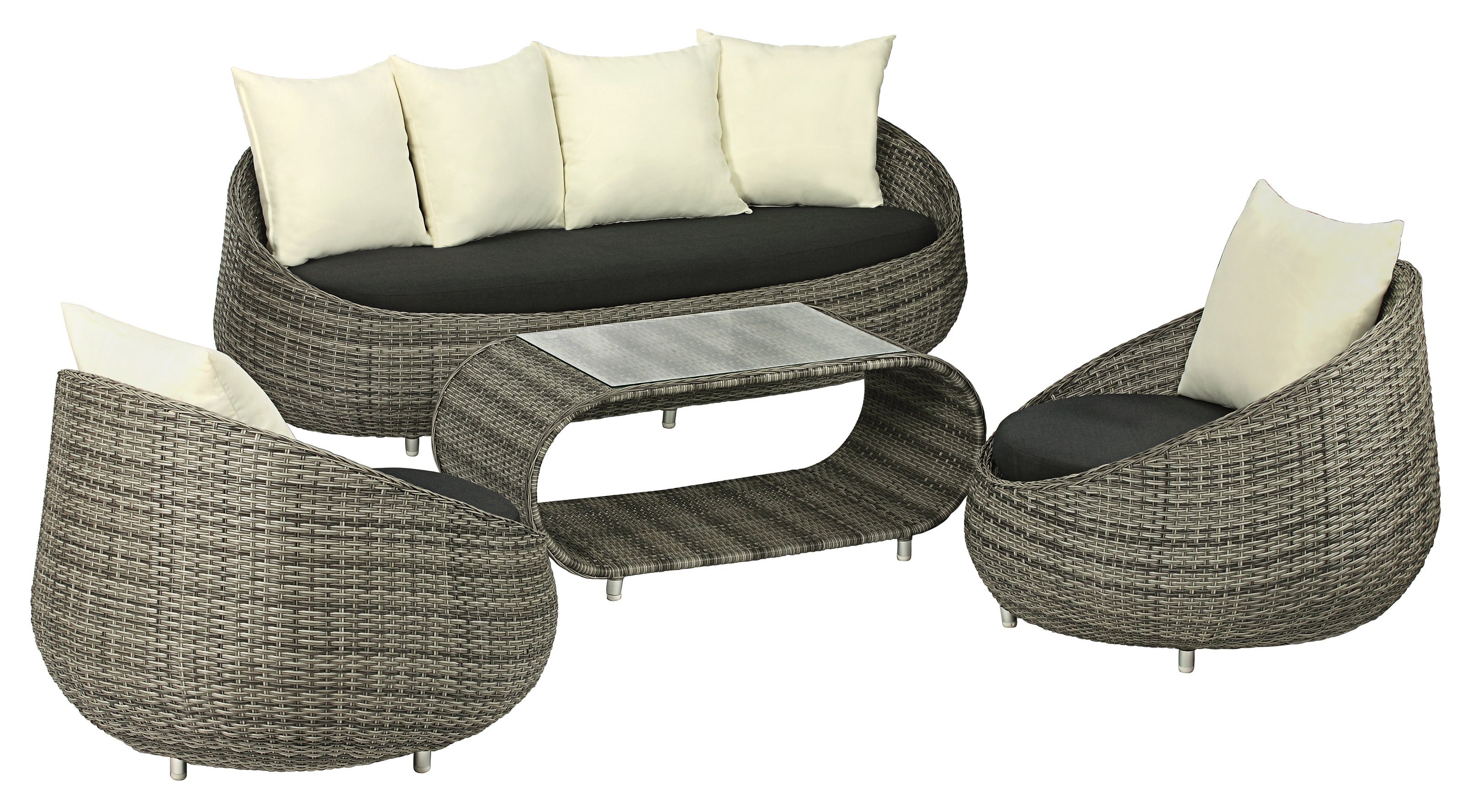 Dehner Gartenlounge-Set Geflecht-Lounge Avani, 4-teilig, inkl. Polster, Stylische Geflecht-Gartenlounge inkl. Tisch mit Glasplatte & Polster