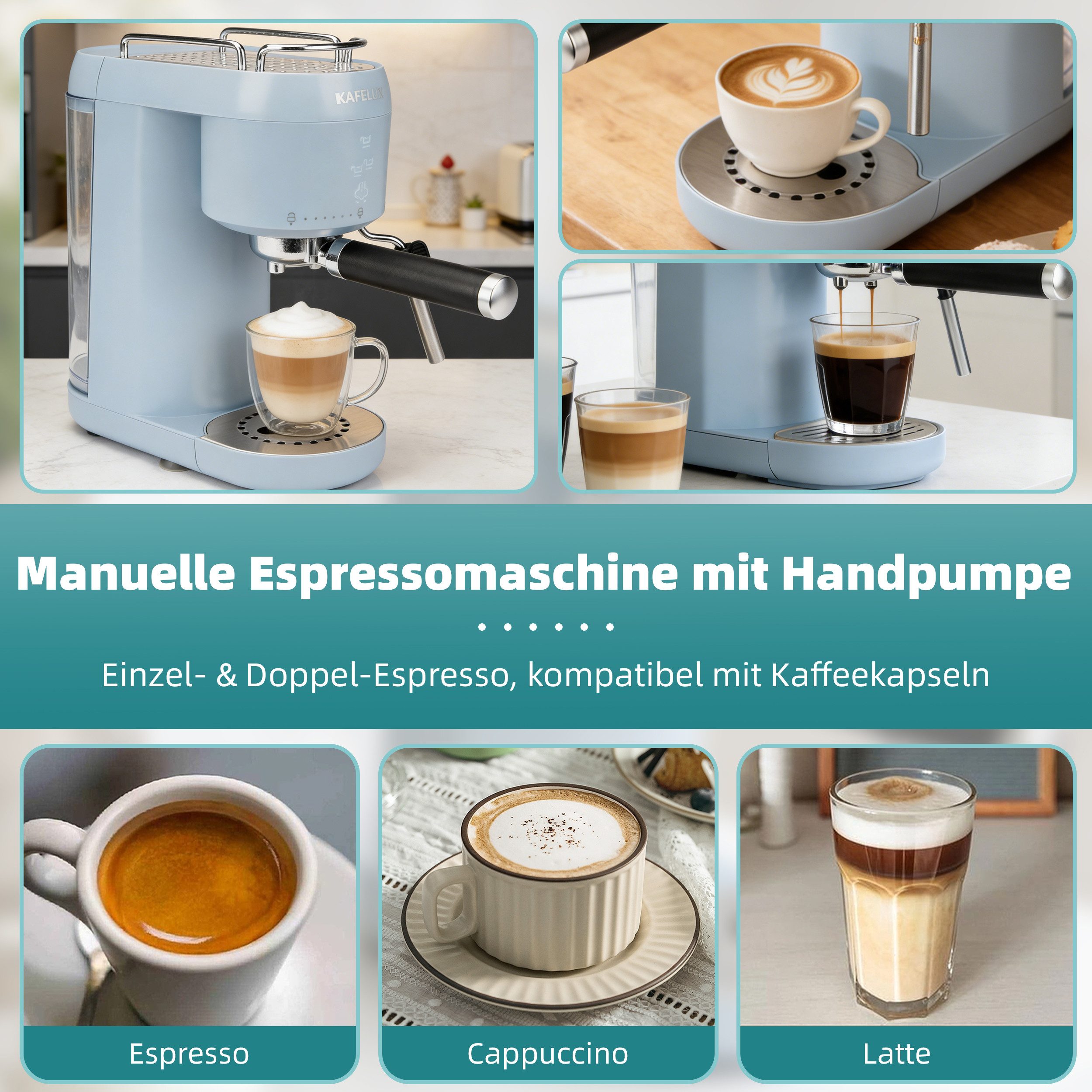 Vankel Espressomaschine TC58A 20 Bar Kaffeemaschine mit Milchaufschäumer, Siebträger, 1400W Thermoblock, 1L Wassertank, für Espresso & Cappuccino