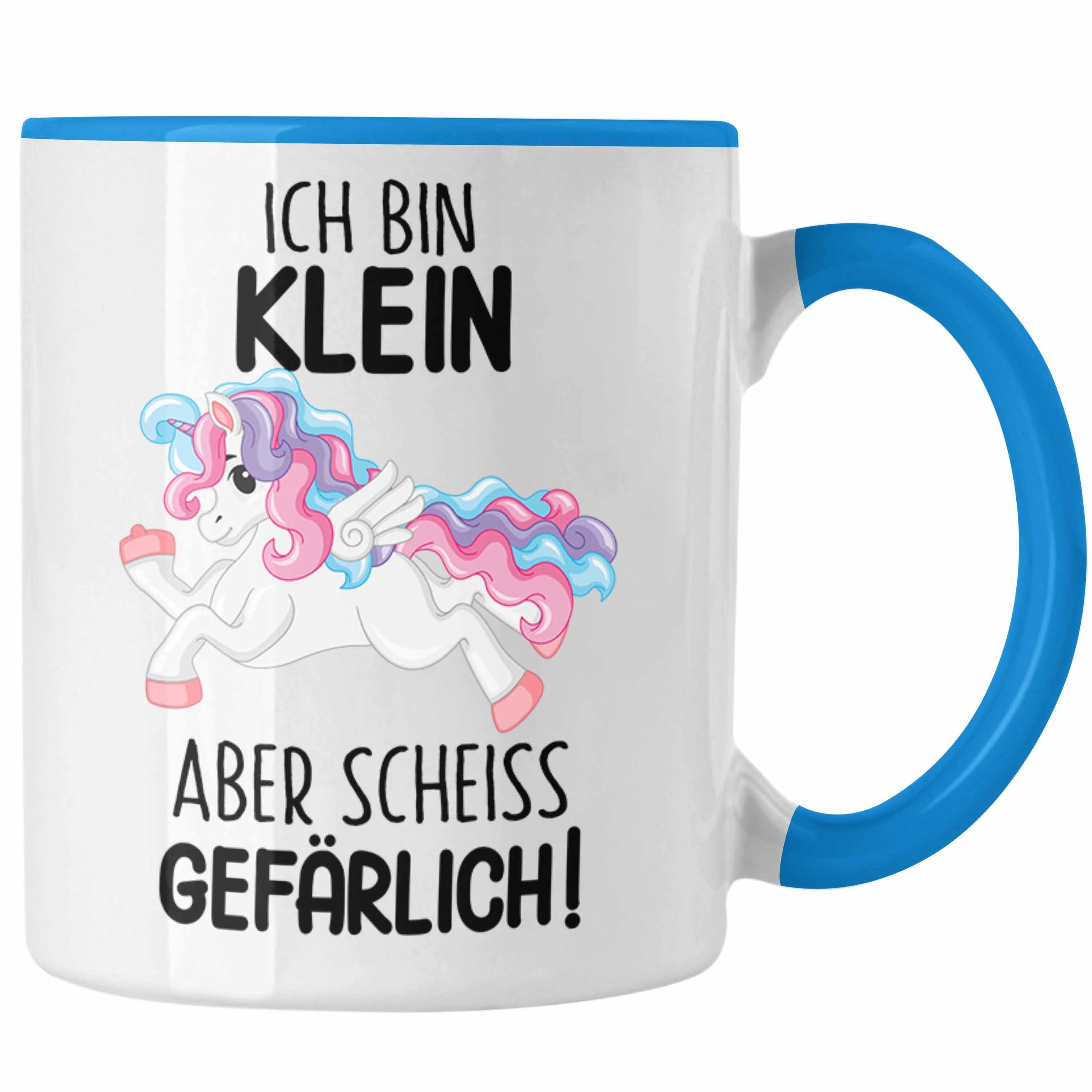 Trendation Tasse Trendation - Lustige Ich Bin Klein Aber Gefährlich Tasse Mit Spruch Einhorn Kaffeetasse Geschenk Mama Freundin Kollegin Geschenkidee Arbeit Frauen Blau