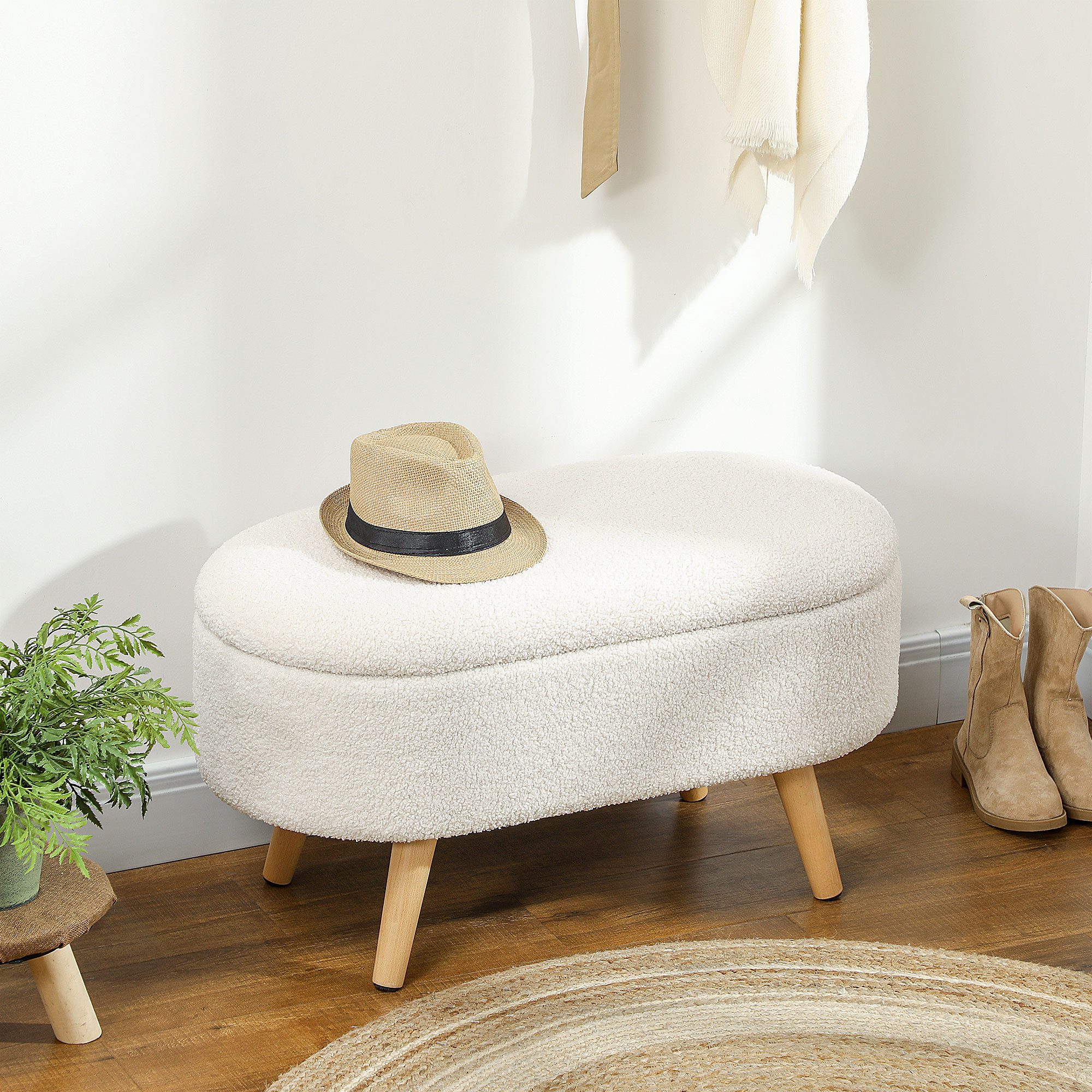 HOMCOM Sitzbank Polsterbank mit Teddysamtoptik, Bettbank mit Deckel, Holzbeine (Truhenbank, 1-St., Polsterbank), für Flur Schlafzimmer Wohnzimmer, Holzrahmen 82 x 41 x 45 cm Weiß
