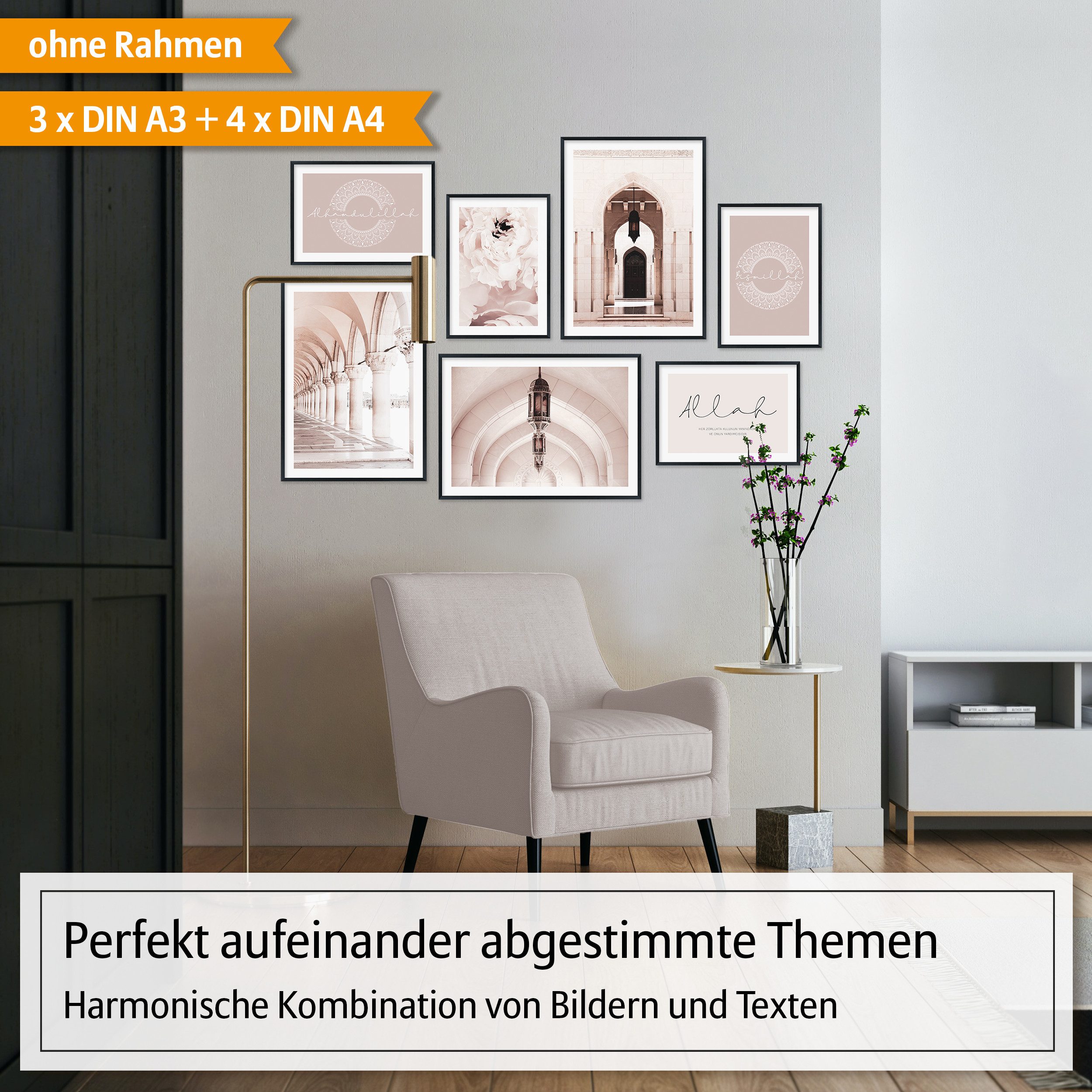 Hyggelig Home Poster Pink Rose, Premium Poster Set OHNE & MIT Rahmen - 7 Wandbilder Moschee, Pflanze (Set, 7 St), Collage Alhamdulillah Qualitätsdruck dickes Papier