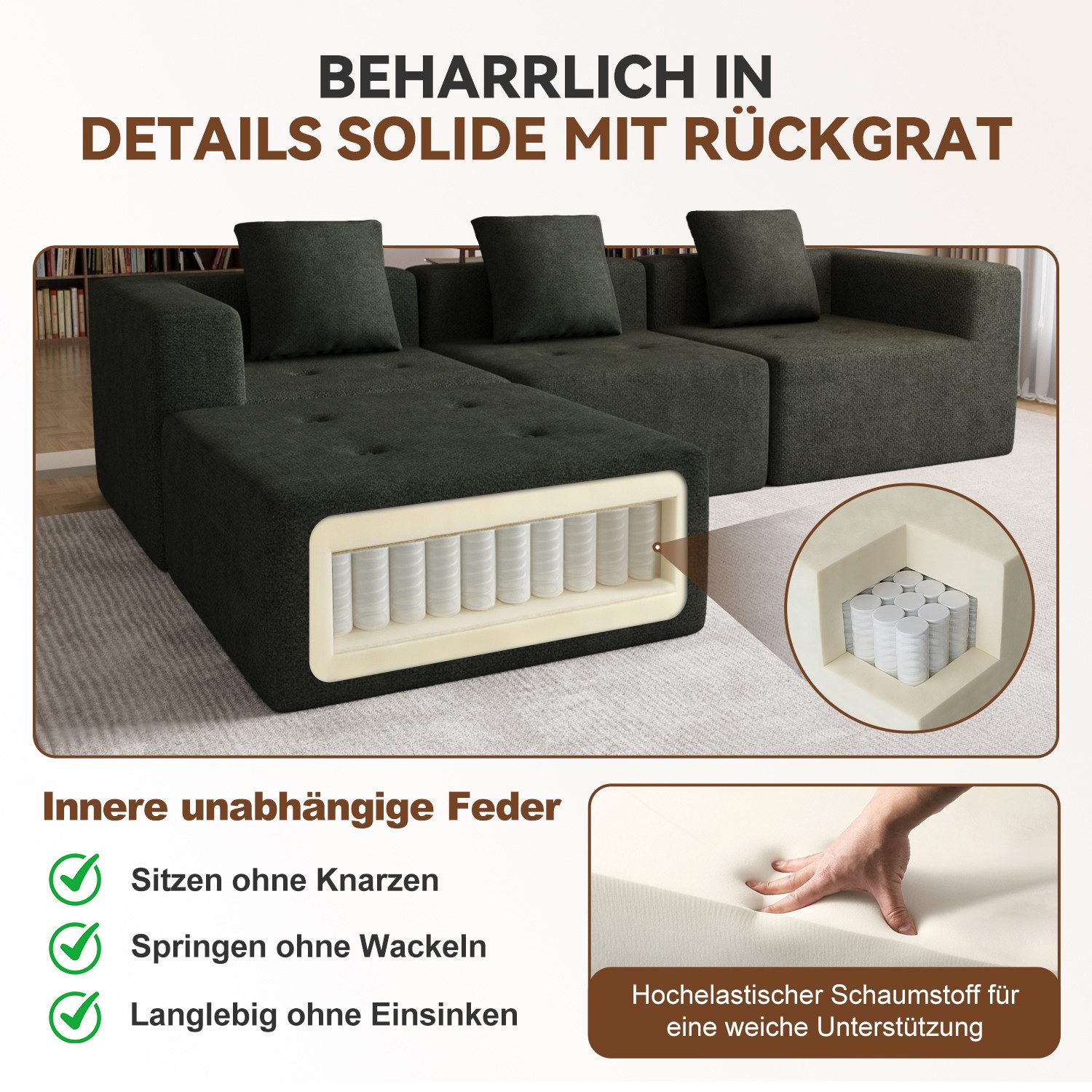 Lexzurn Ecksofa Sofa mit Federkern Widersteht dem Durchsitzen, B: 258.5cm Schlafsofa, mit großer Chaiselongue & 3 Zierkissen, Chenille-Struktur keine Montage er – Bild 3 von 5