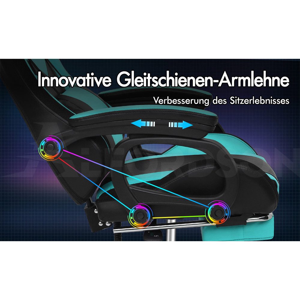 ALFORDSON Gaming-Stuhl 12 RGB LED-Farben Fernbedienung, Gleitschienen-Armlehne (1 St), Einziehbare Fußstotze B-Punkt Massage verstellbares kopfkissen