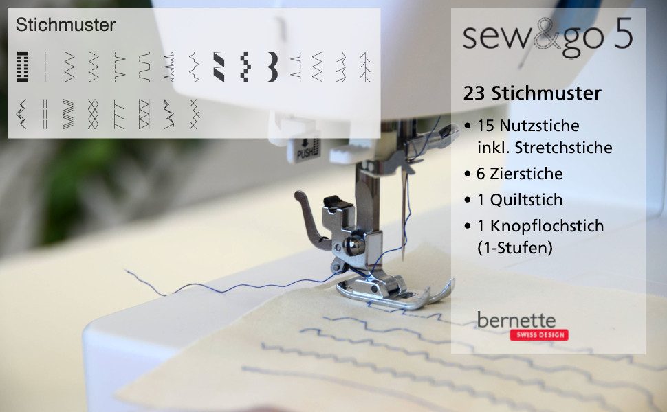 Bernette Freiarm-Nähmaschine sew&go 5 - Einfädelautomatik, Fadenabschneider, einfache Bedienung, 23 Programme, Einstellbar: Stichlänge, Fadenspannung, Nähfußdruck - 4 Nähfüße