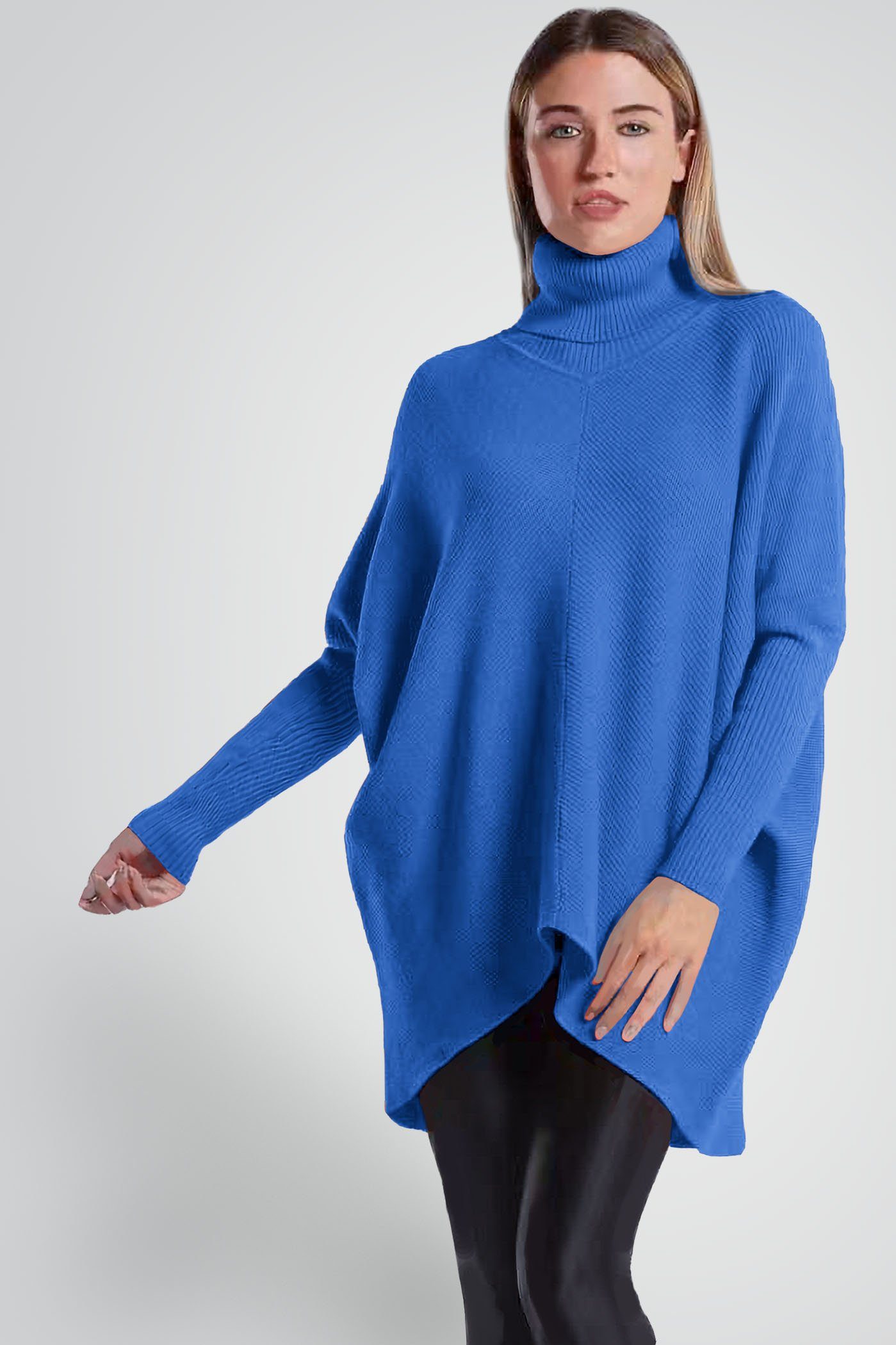 Damen Oversized (1-tlg) PEKIVESSA Longpullover langer Rollkragenpullover hinten länger Fledermausärmel poolblau