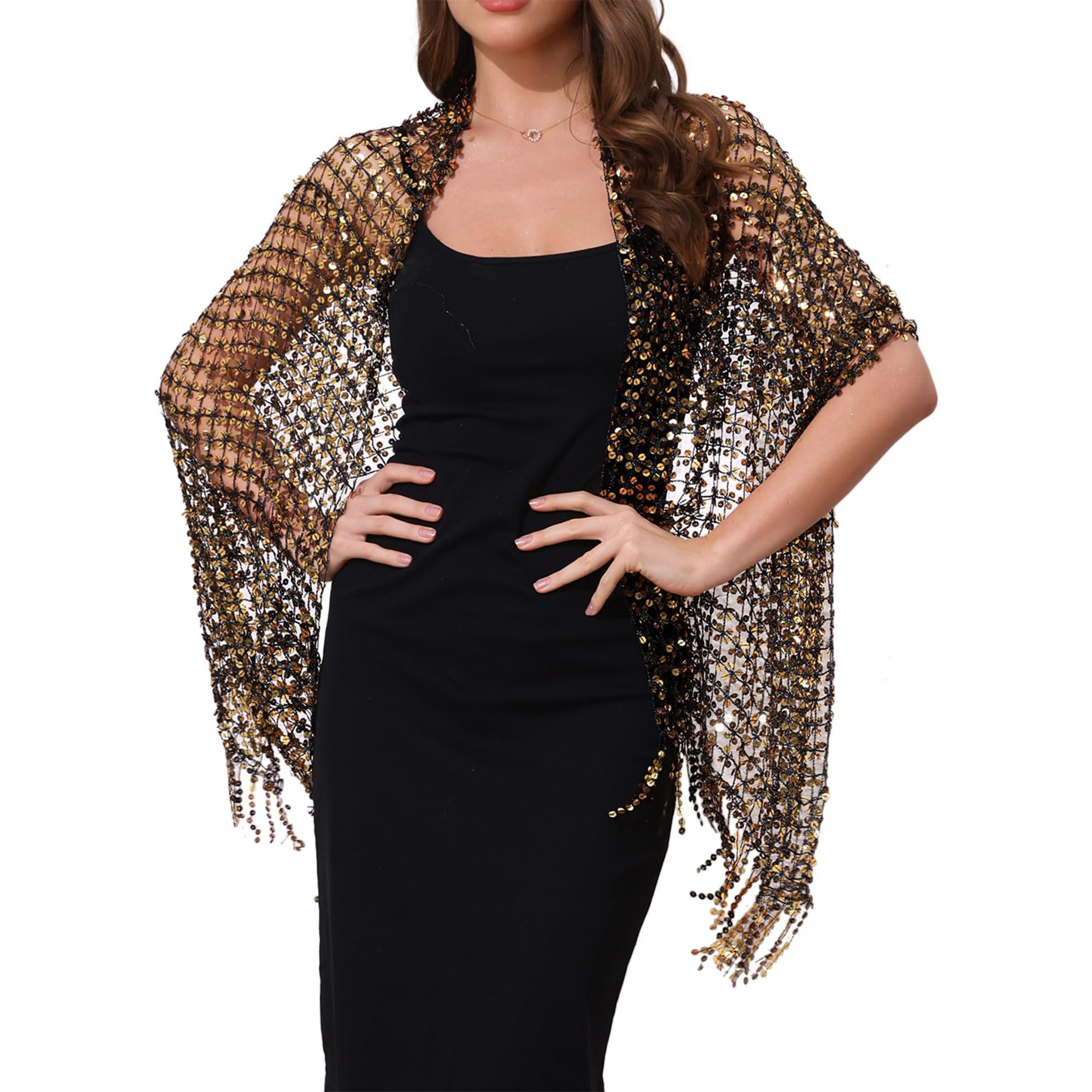 Zaewry Modeschal Damen Pailletten-Modeschal, Fransen- und Lochmuster-Schal, glänzender modeschal, ideal für Partys, Bälle und Hochzeiten