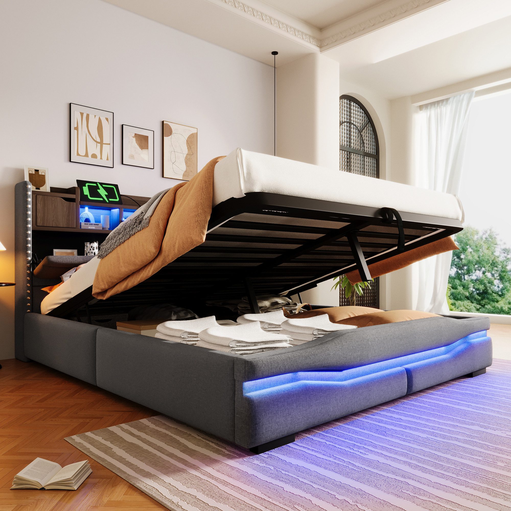 muvano Bett Polsterbett 160x200cm Grau Hydraulisch Stauraumbett mit LED USB
