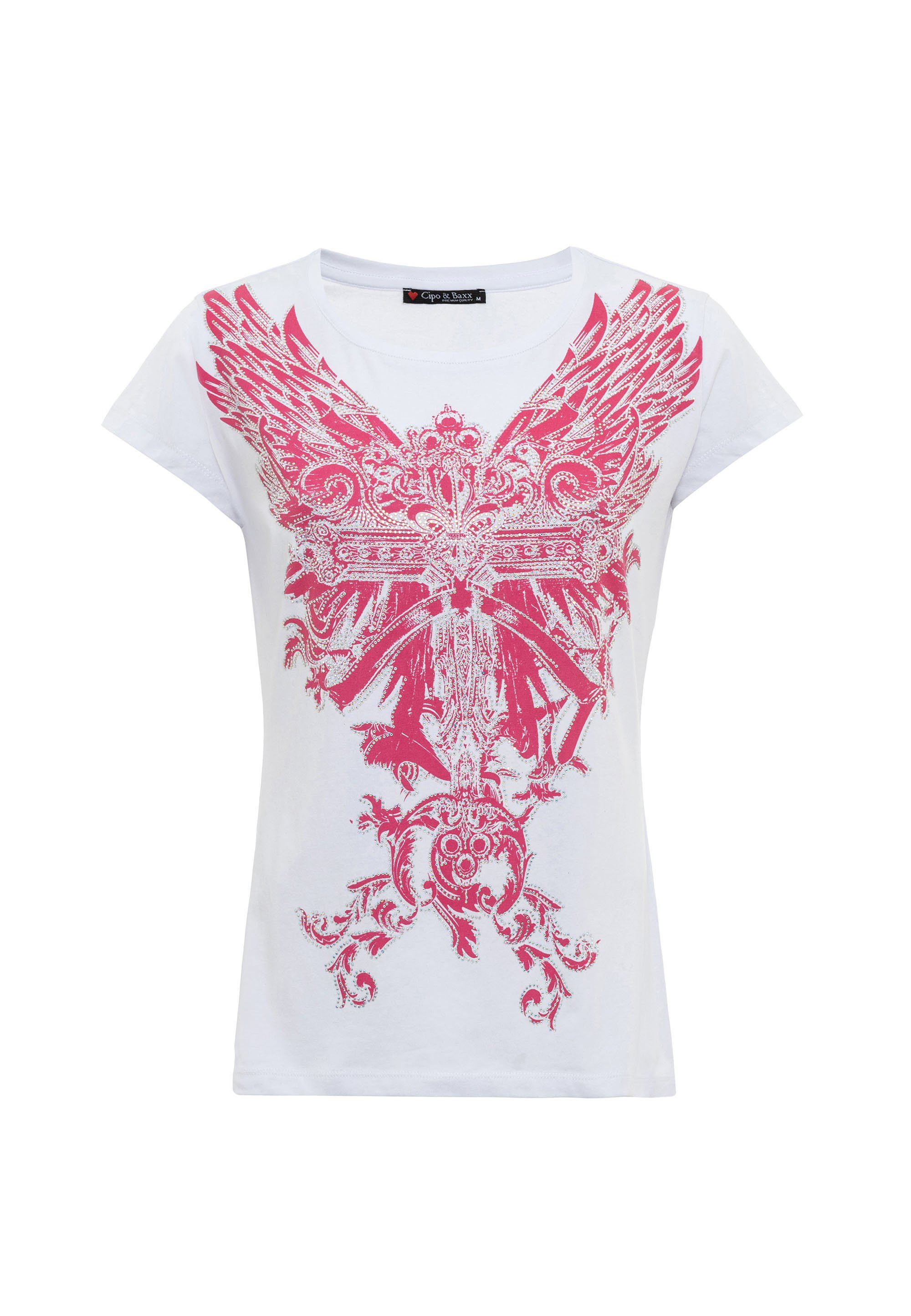 Cipo & Baxx pink-weiß Frontprint T-Shirt mit modischem