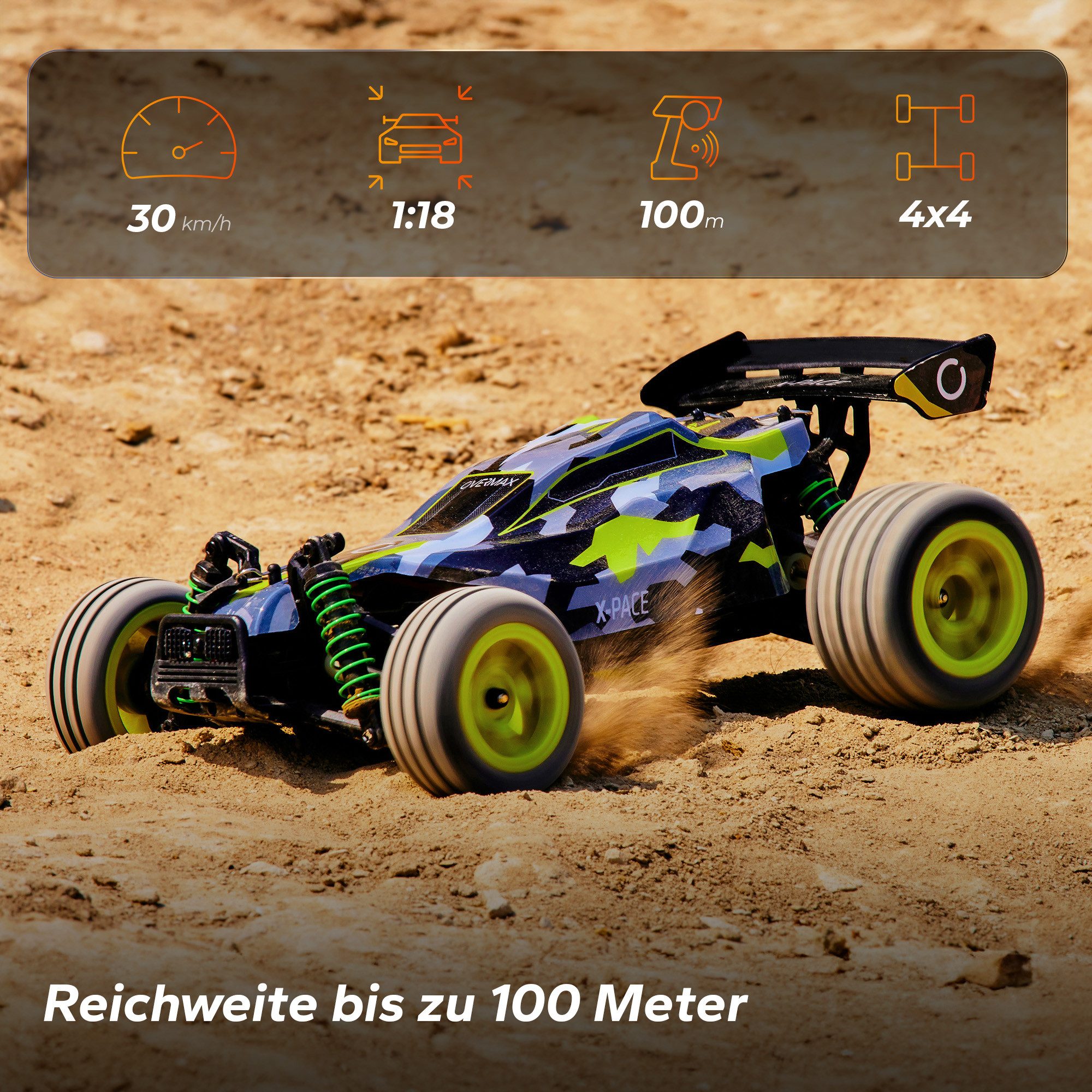 Overmax RC-Auto X-PACE (Set, Komplettset ohne Batterien für den Controller), 30km/h 4x4-Metallantrieb 100m TÜV