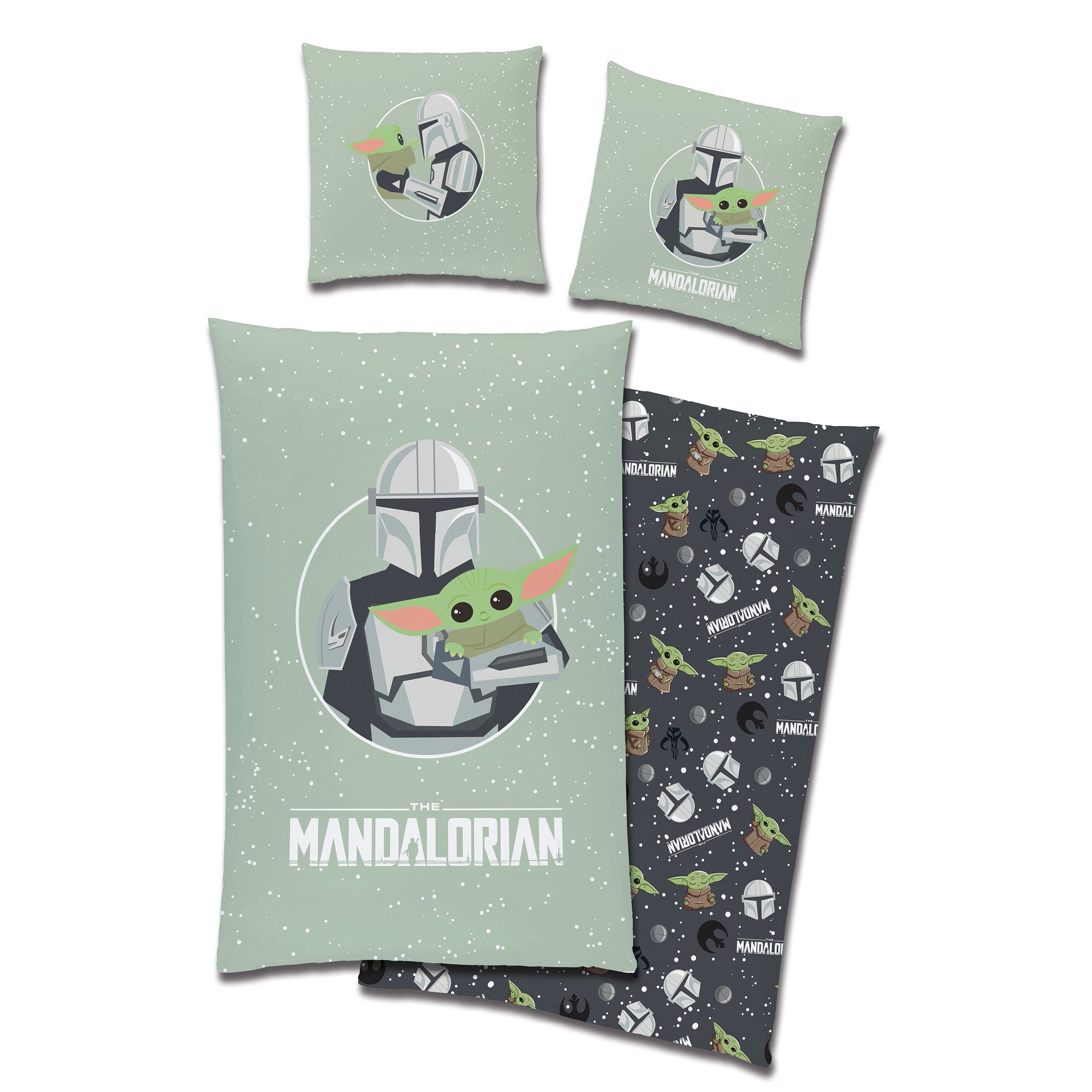 Familando Kinderbettwäsche Star Wars "The Mandalorian & Grogu" 135x200 80x80cm 100% Baumwolle, Renforcé, 2 teilig, mit Reißverschluss