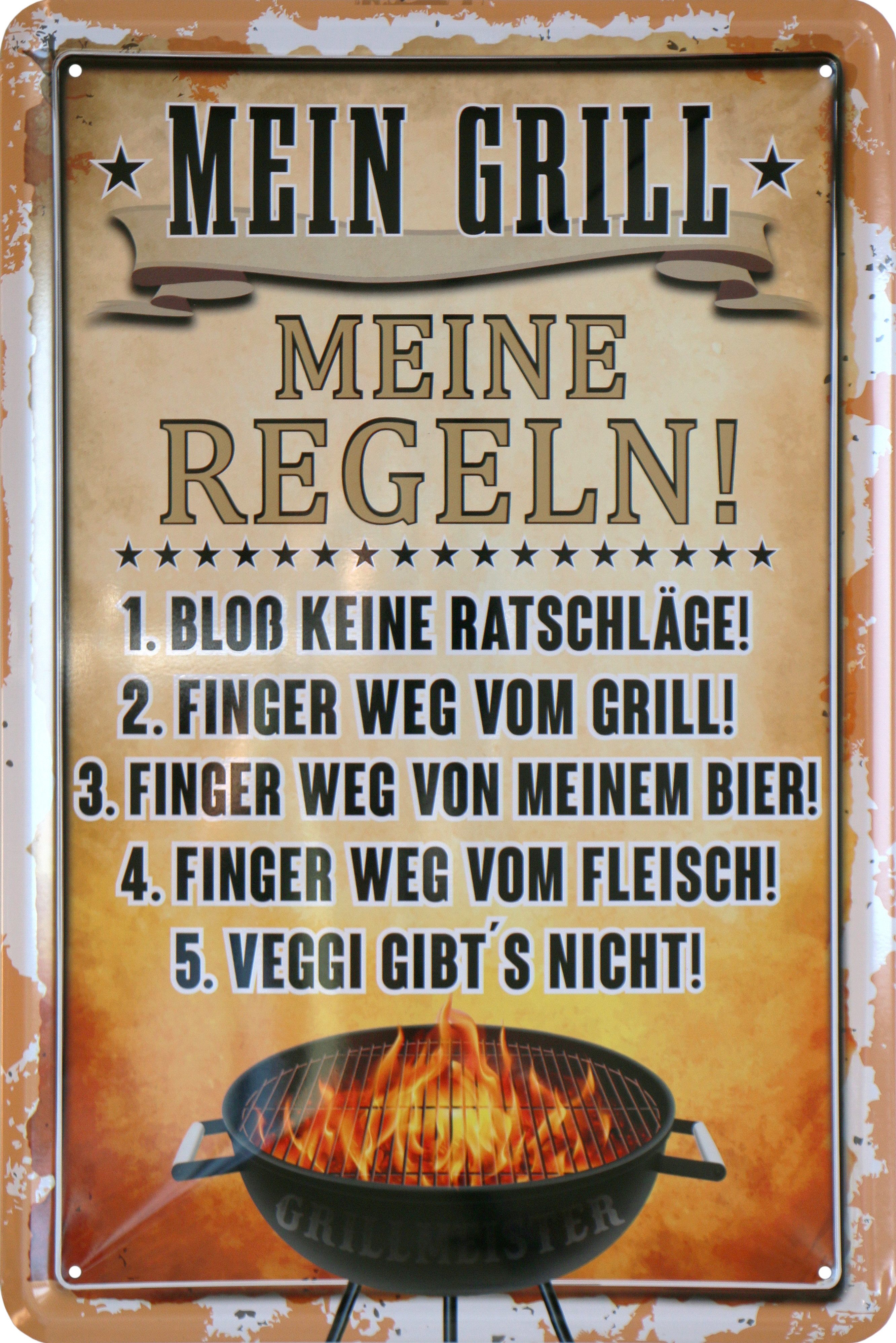 WOGEKA ART Metallbild Mein Grill - Meine Regeln - 20 x 30 cm Retro Blechschild, Metallschild Wanddeko Spruch Schild Wandbild Vintage Design