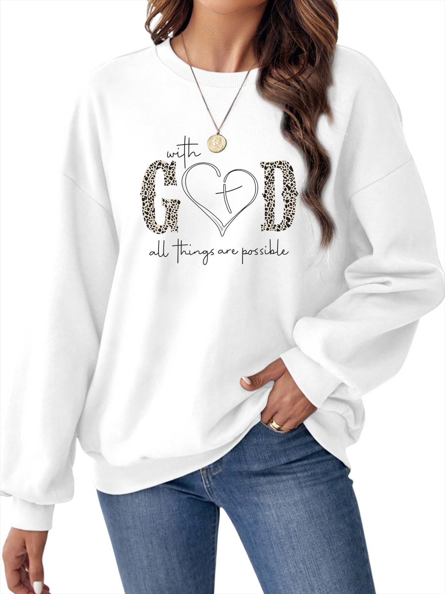 Sweatshirt Damen Pullover mit Print, loose Fleecepullove für Herbst Winter