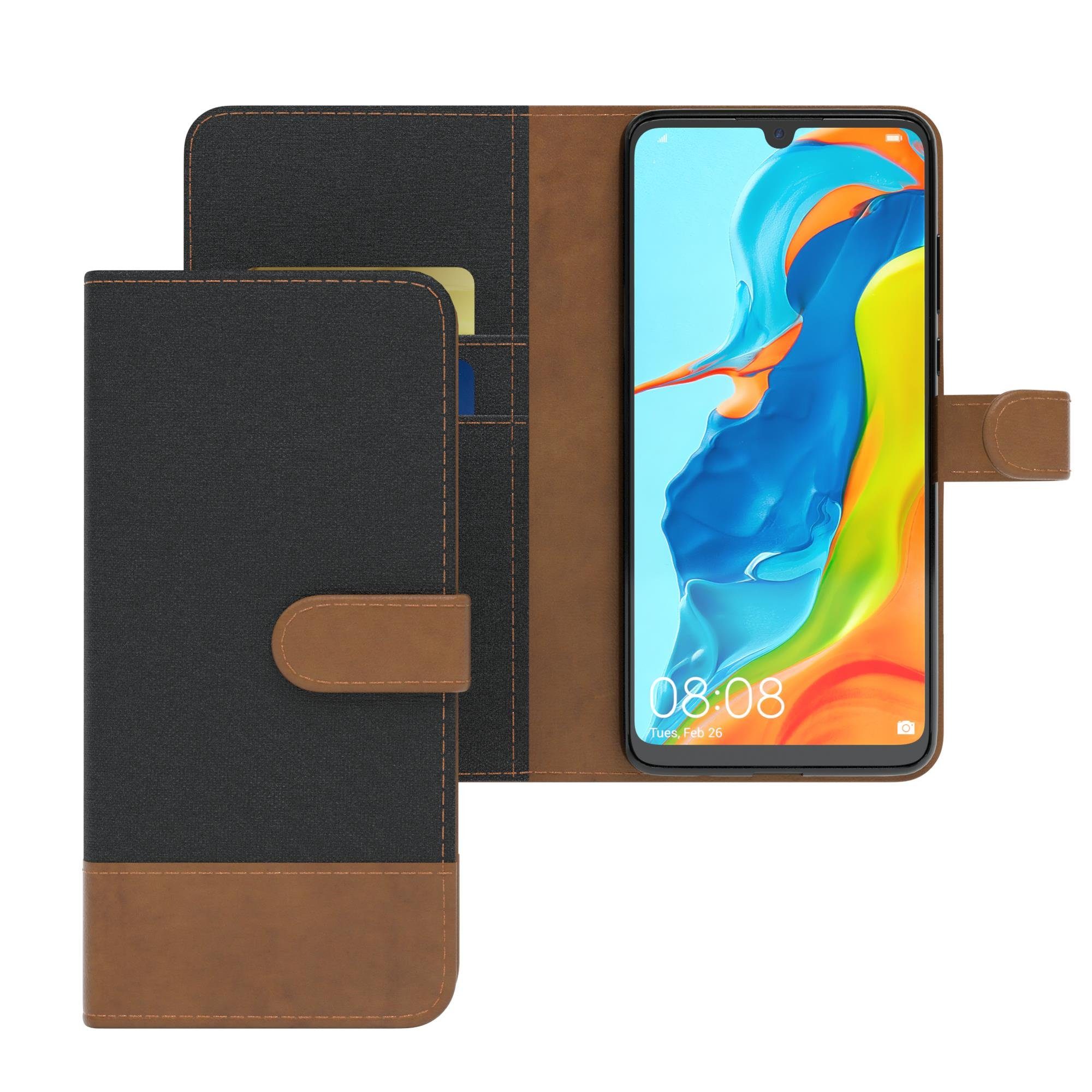 EAZY CASE Handyhülle Bookstyle Jeans für Huawei P30 Lite / New Edition 6,15 Zoll, Handytasche Jeans mit Standfunktion und Visitenkartenfach Schwarz